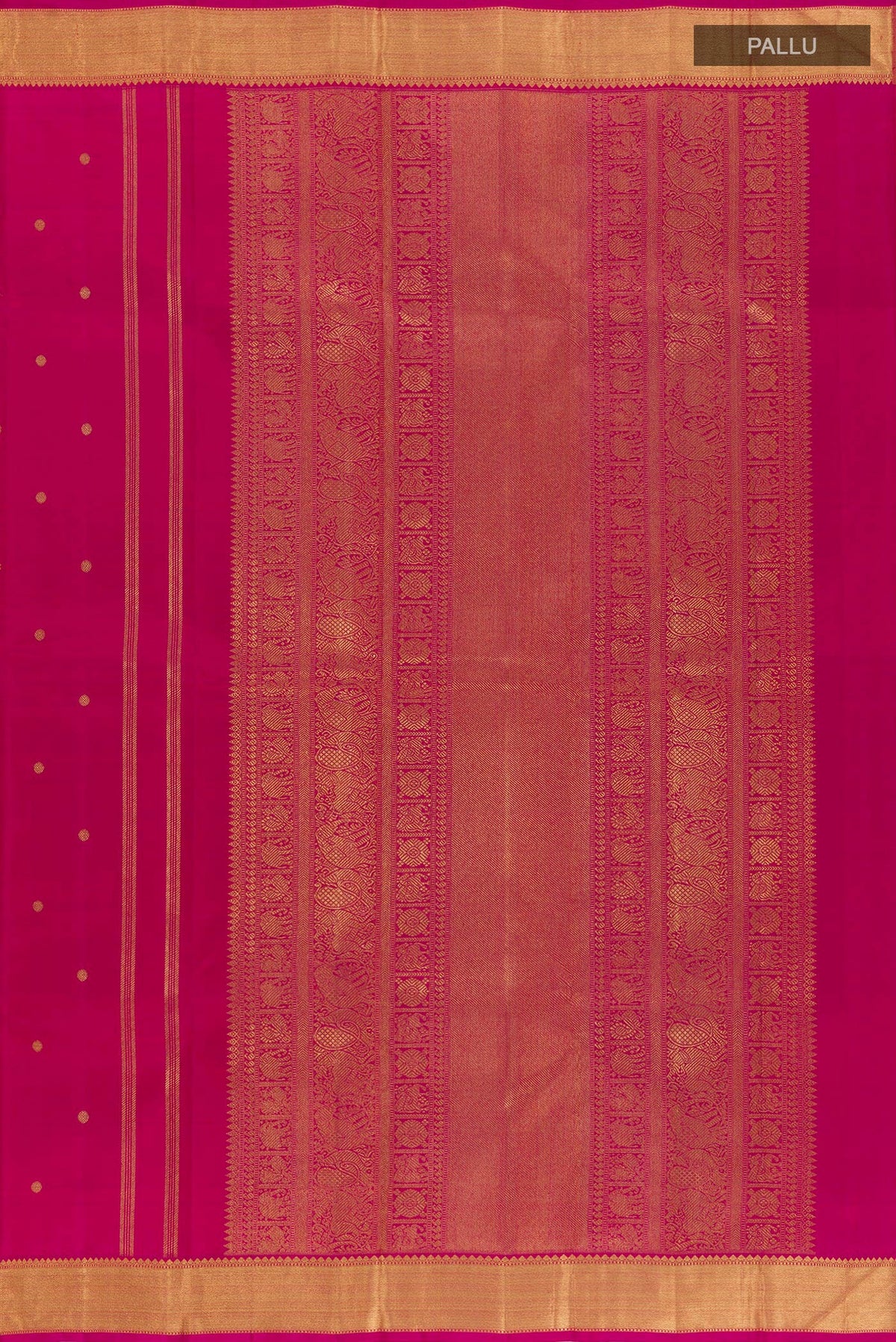 Close up image of the pallu of Rani Pink Dual Tone Kanjivaram Silk Saree with Zari Butta on the body and Zari Border. 