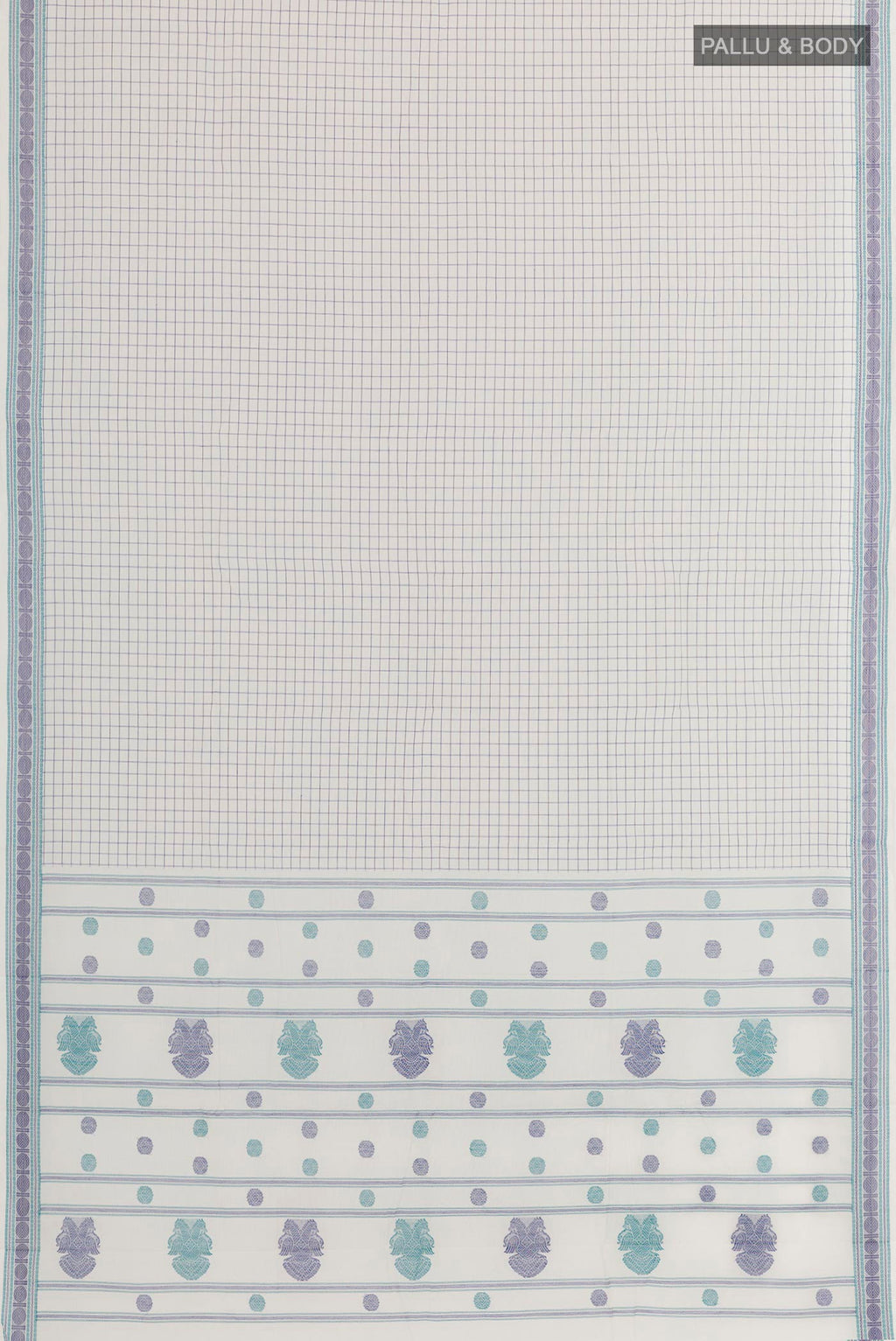 Flat view of White Kanchi Cotton Saree with Checked design on the body and Thread Embroidery Border. 