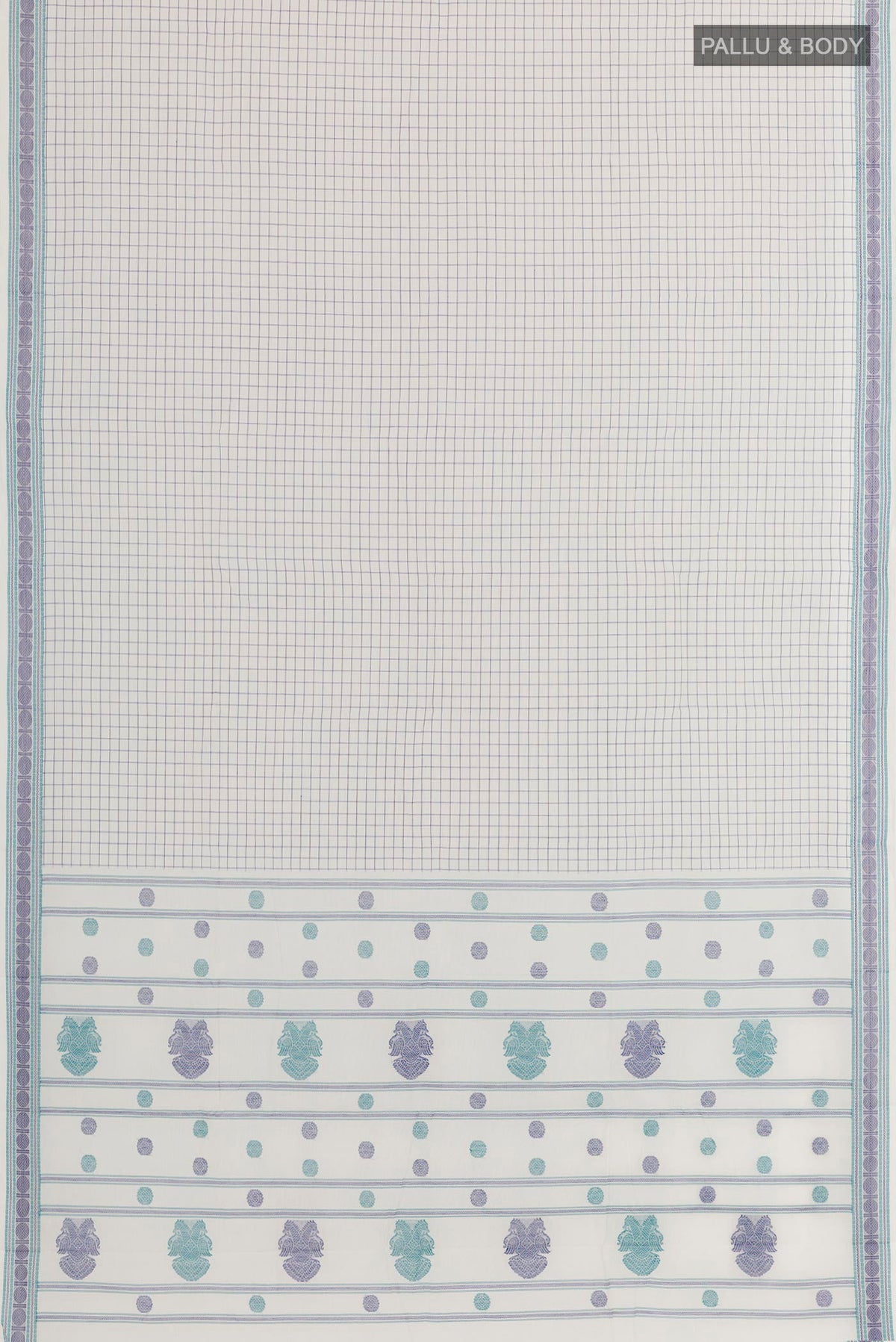 Flat view of White Kanchi Cotton Saree with Checked design on the body and Thread Embroidery Border. 