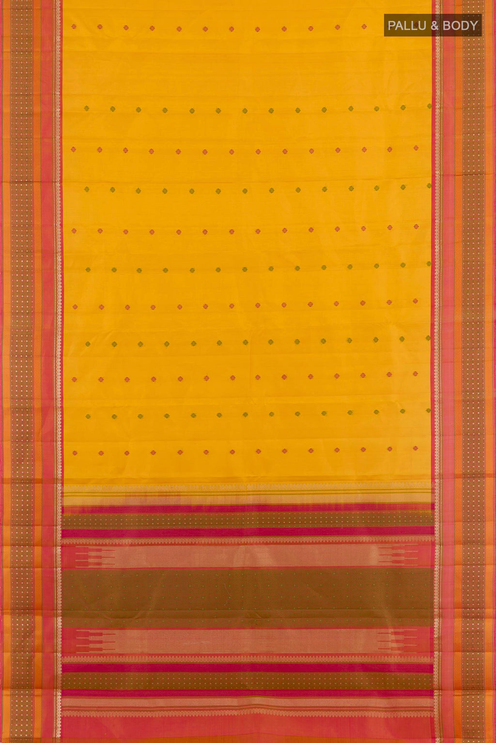 Flat view of Yellow Kanchipuram Silk Saree with Thread Butta on the body and Zari Border. 