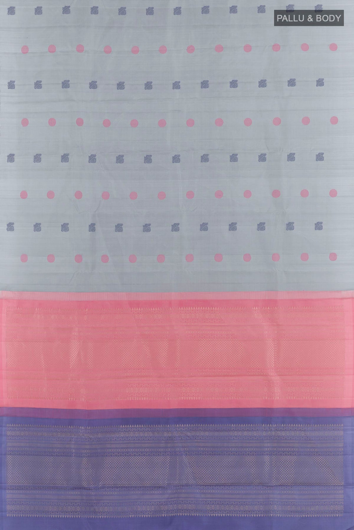 Flat view of Blue Grey Kanchipuram Silk Saree with Thread Butta on the body and Zari Border. 