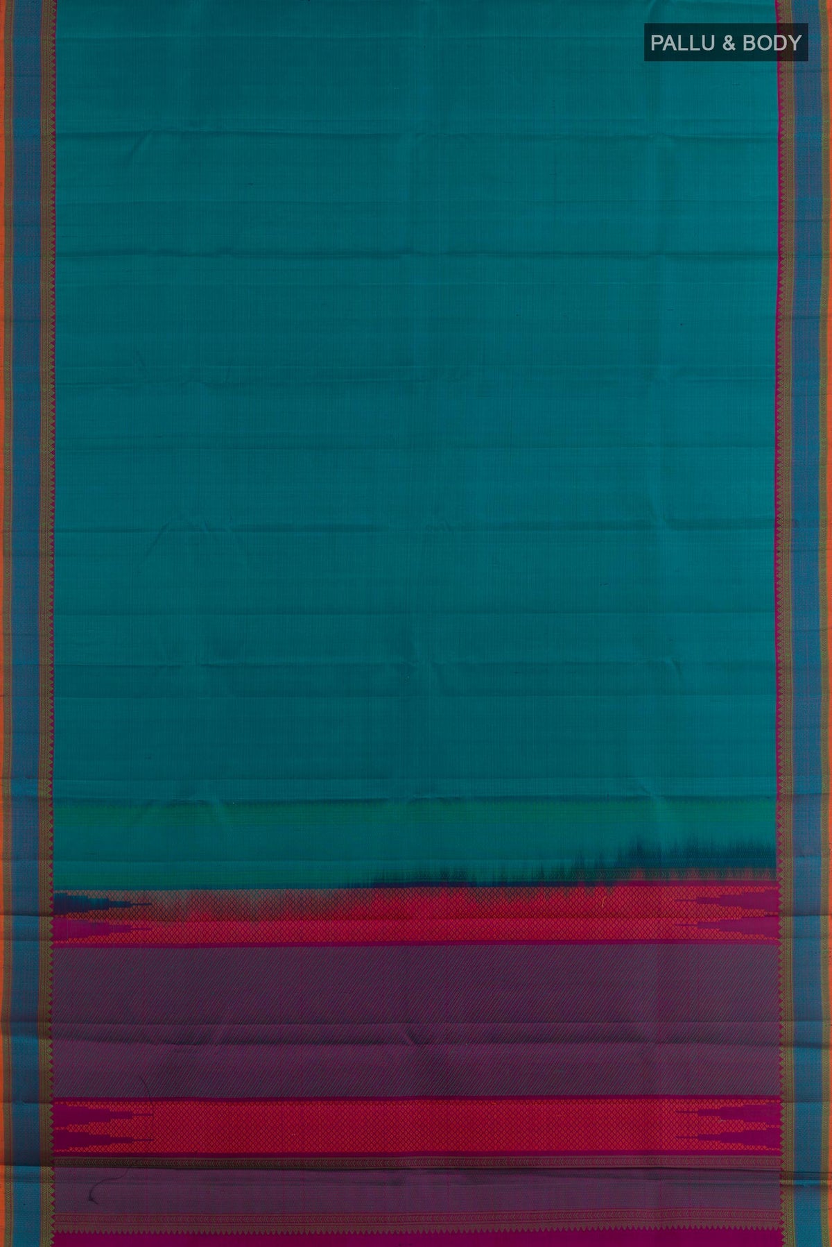 Flat view of Blue Kanchipuram Silk Saree with Stripes on the body and Thread Embroidery Border. 