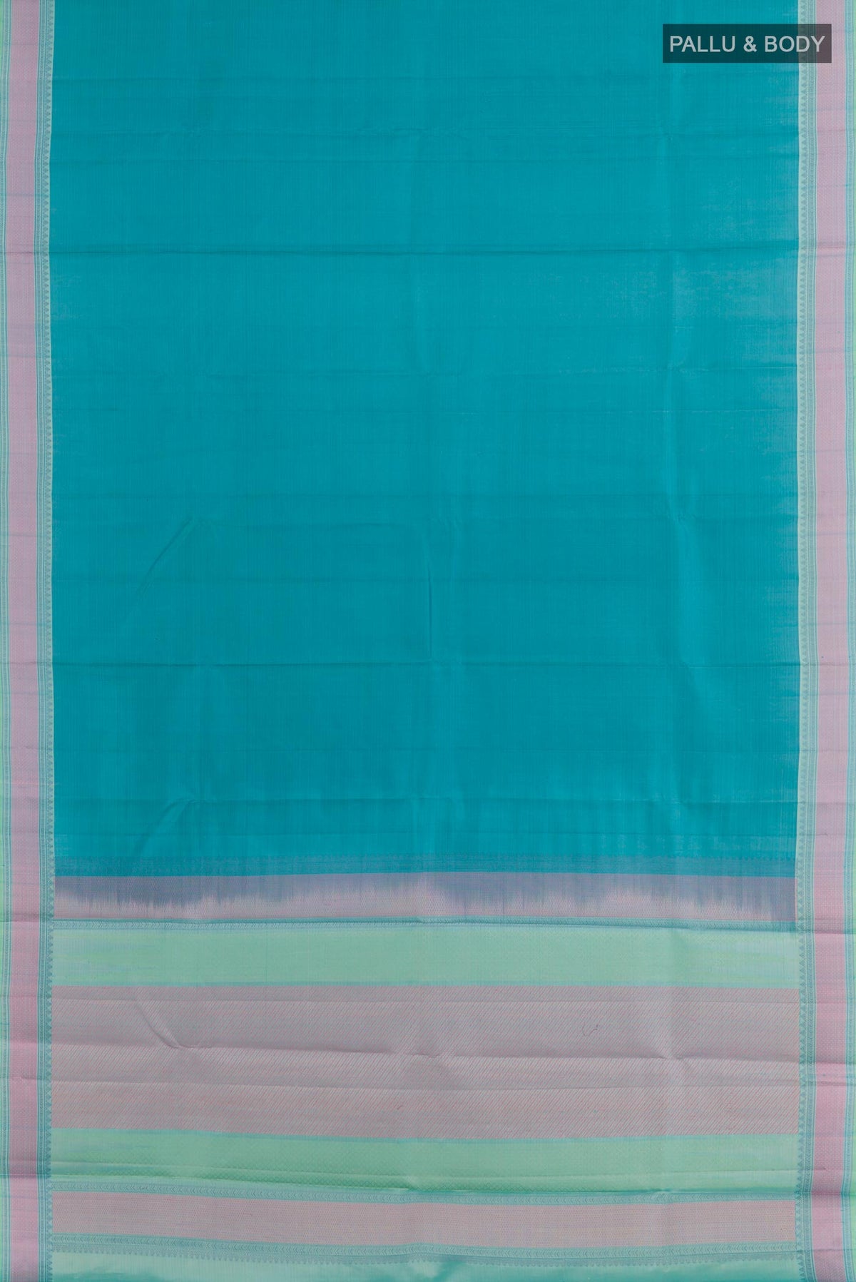 Flat view of Blue Kanchipuram Silk Saree with Plain Body and Thread Embroidery Border. 