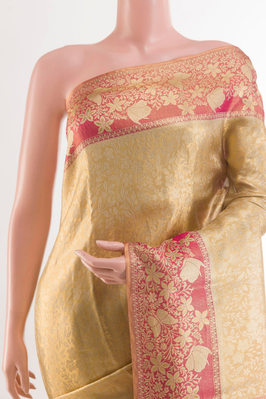 Border image of Golden Kanjivaram Silk Saree with Zari Brocade on the body and Zari Border. 