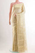 Off White Kanchipuram Silk Saree with Zari Brocade on the body and Zari Border.  displayed on a mannequin