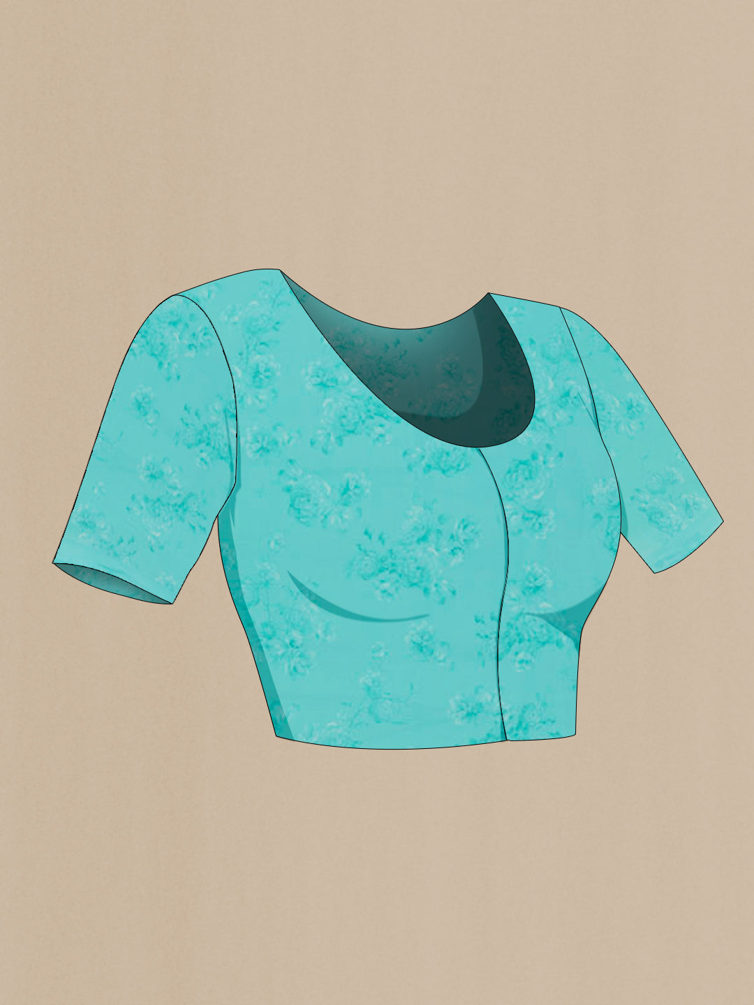 Close up image of the blouse of Blue Chiffon Saree with Printed design on the body and Plain Border. 