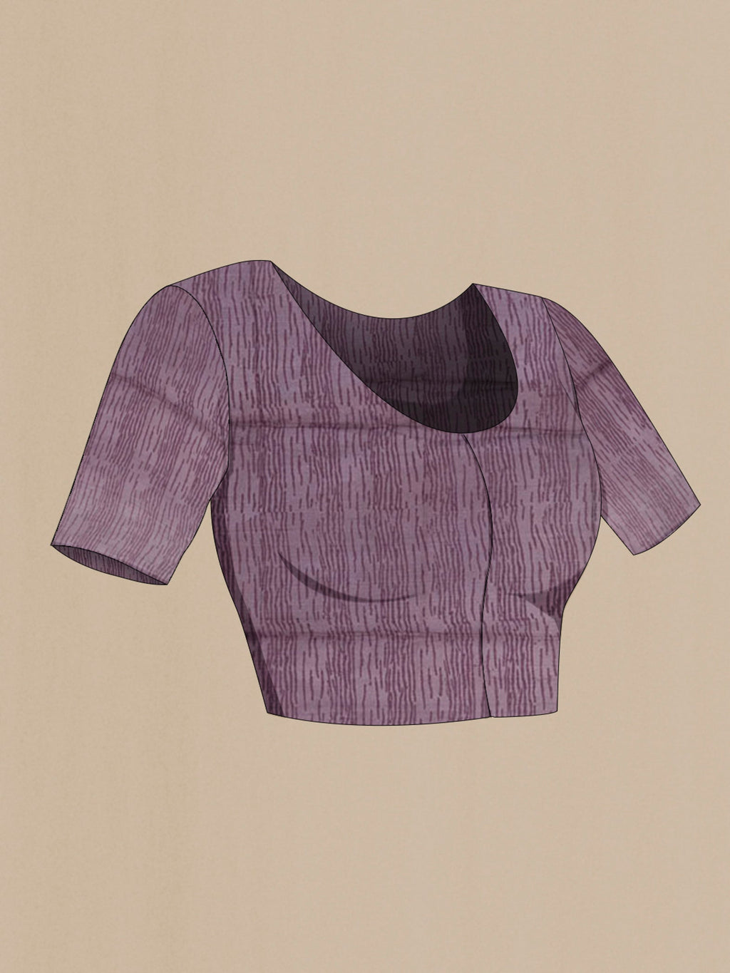 Close up image of the blouse of Purple Tussar Saree with Printed design on the body and Zari Border. 