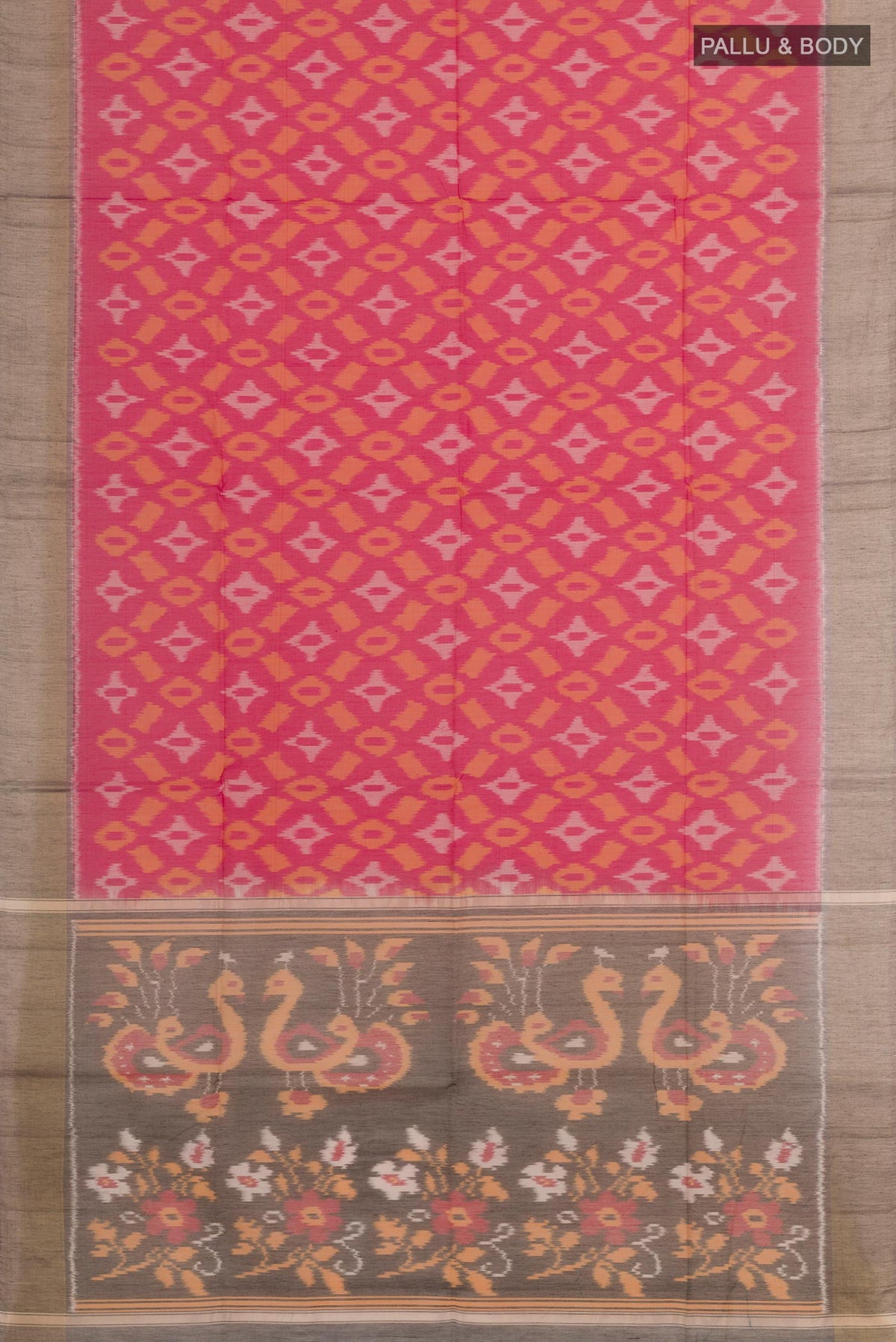 Flat view of Pink Blended Kora Cotton Saree with Ikat design on the body and Zari Border. 