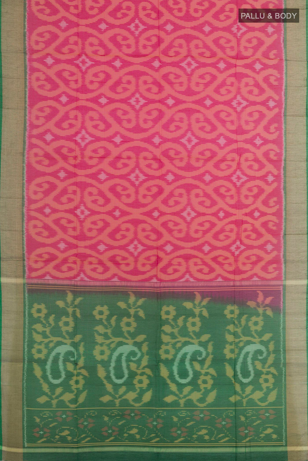 Flat view of Pink Kora Cotton Saree with Ikat design on the body and Zari Border. 