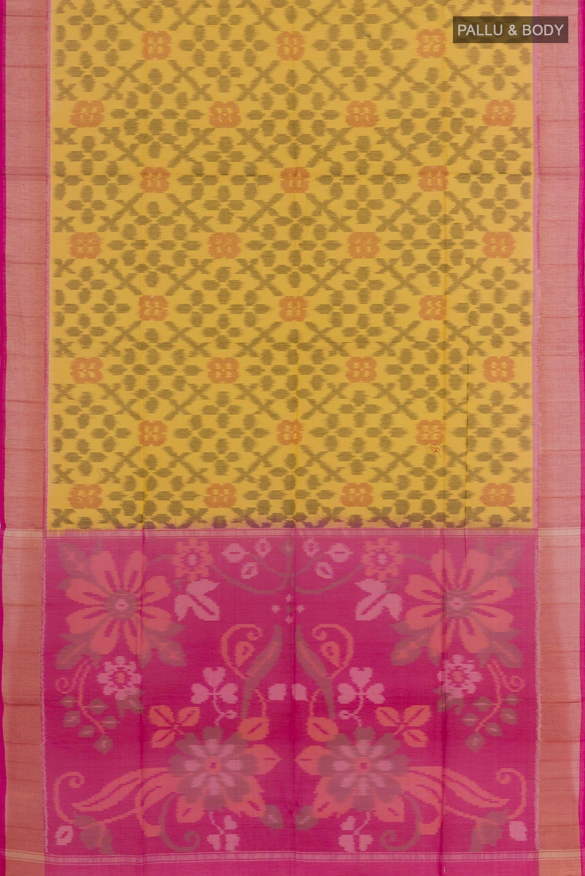 Flat view of Yellow Blended Kora Cotton Saree with Ikat design on the body and Zari Border. 