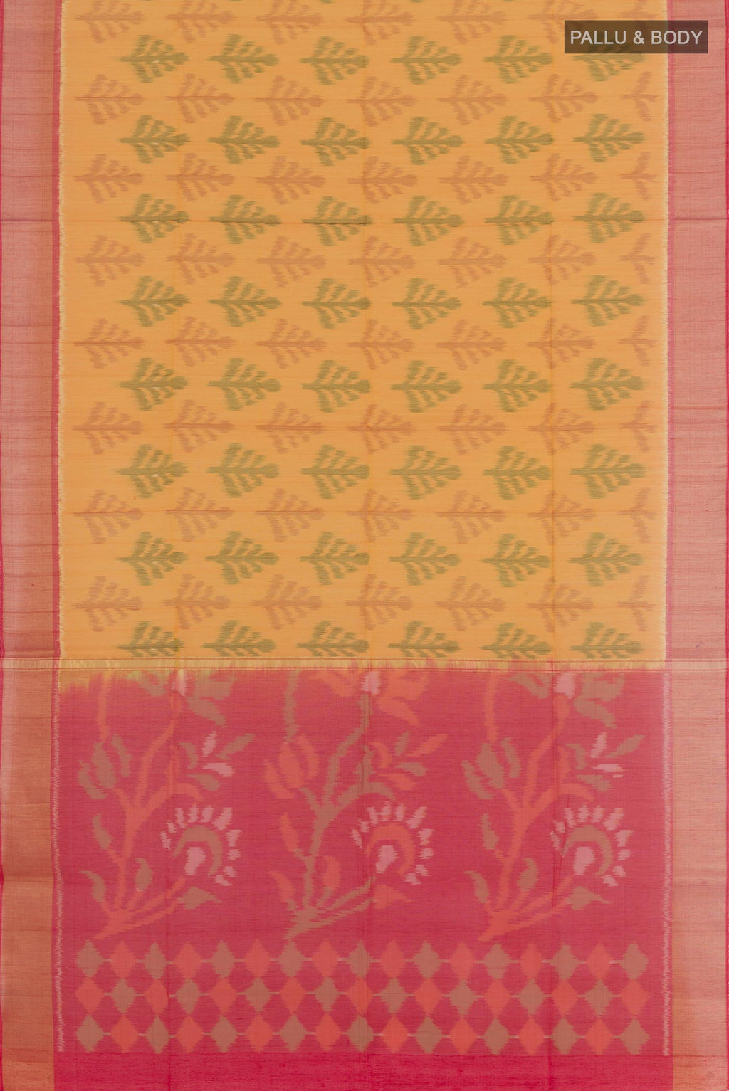 Flat view of Yellow Blended Kora Cotton Saree with Ikat design on the body and Zari Border. 