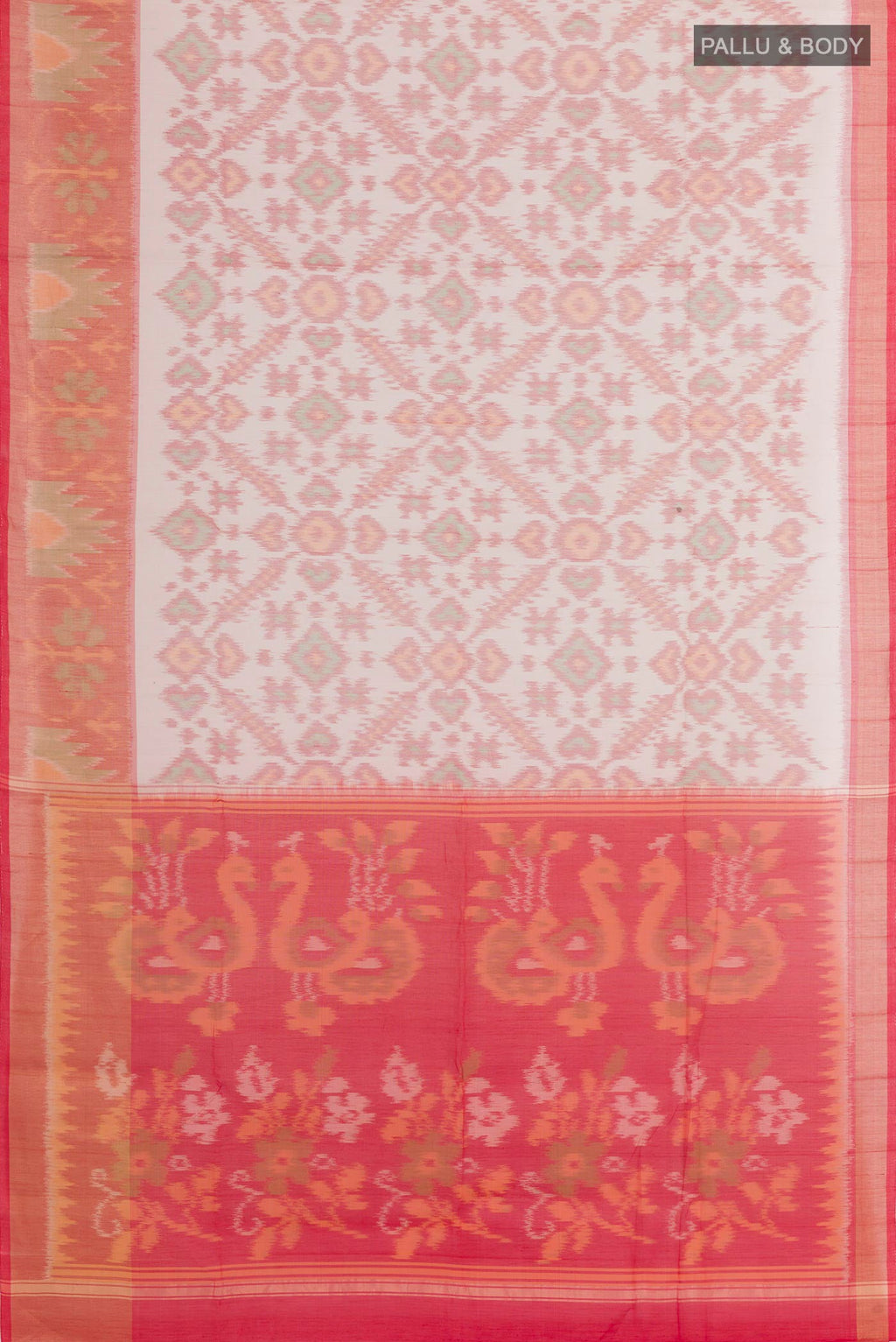 Flat view of White Kora Cotton Saree with Ikat design on the body and Zari Border. 