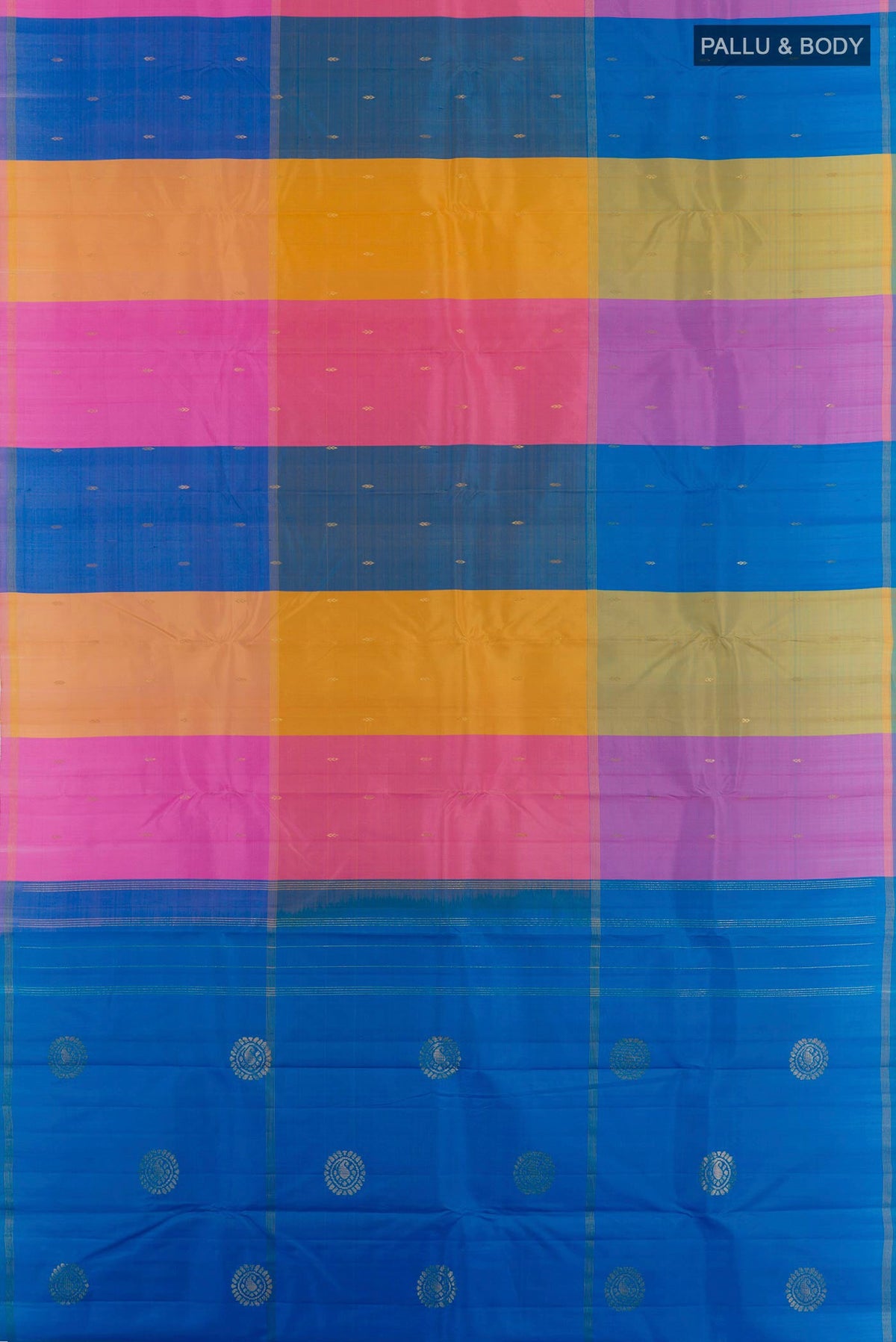 Flat view of Multi Color Kanchipuram Silk Saree with Zari Butta on the body and Zari Border. 