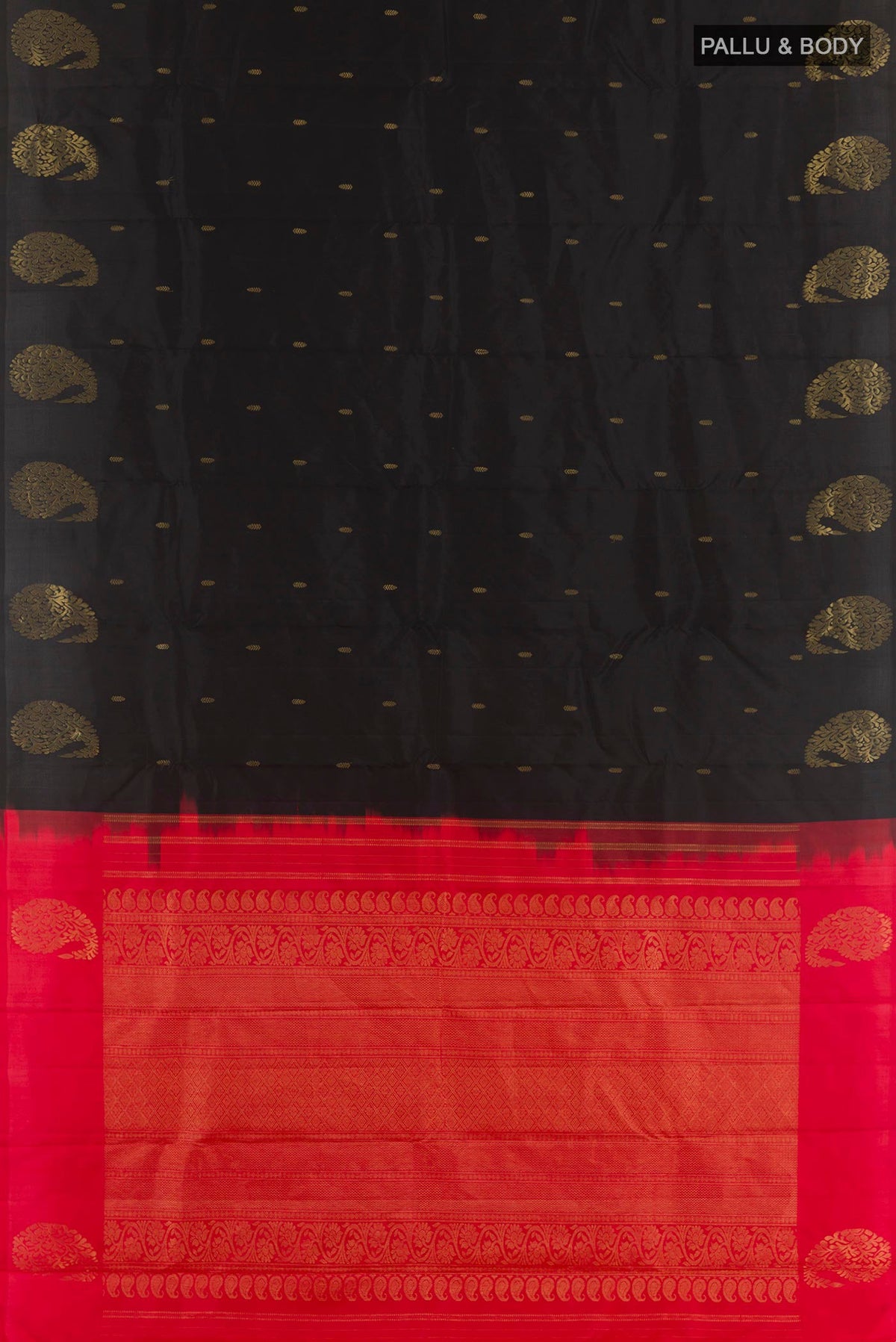Flat view of Black Kanchipuram Silk Saree with Zari Butta on the body and Zari Border. 