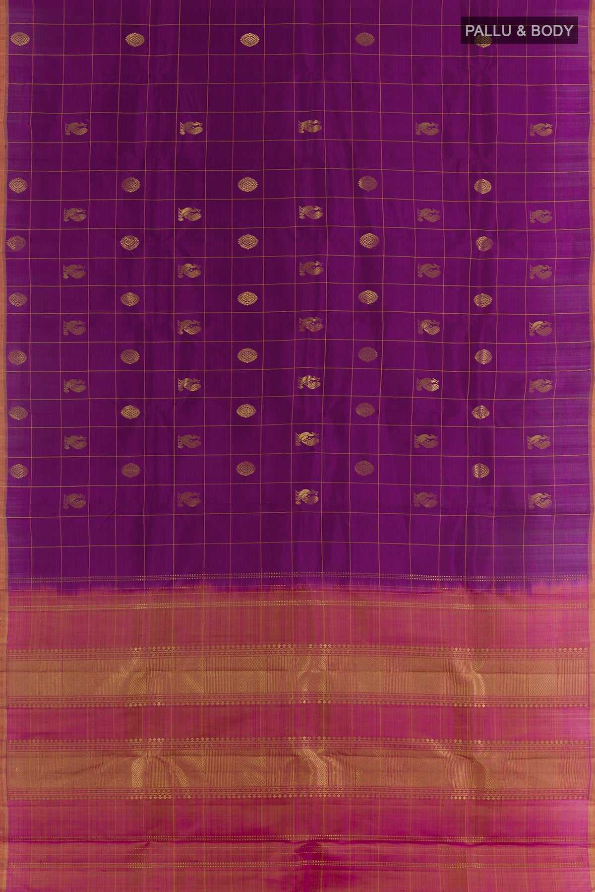 Flat view of Purple Kanchipuram Silk Saree with Zari Butta on the body and Zari Border. 