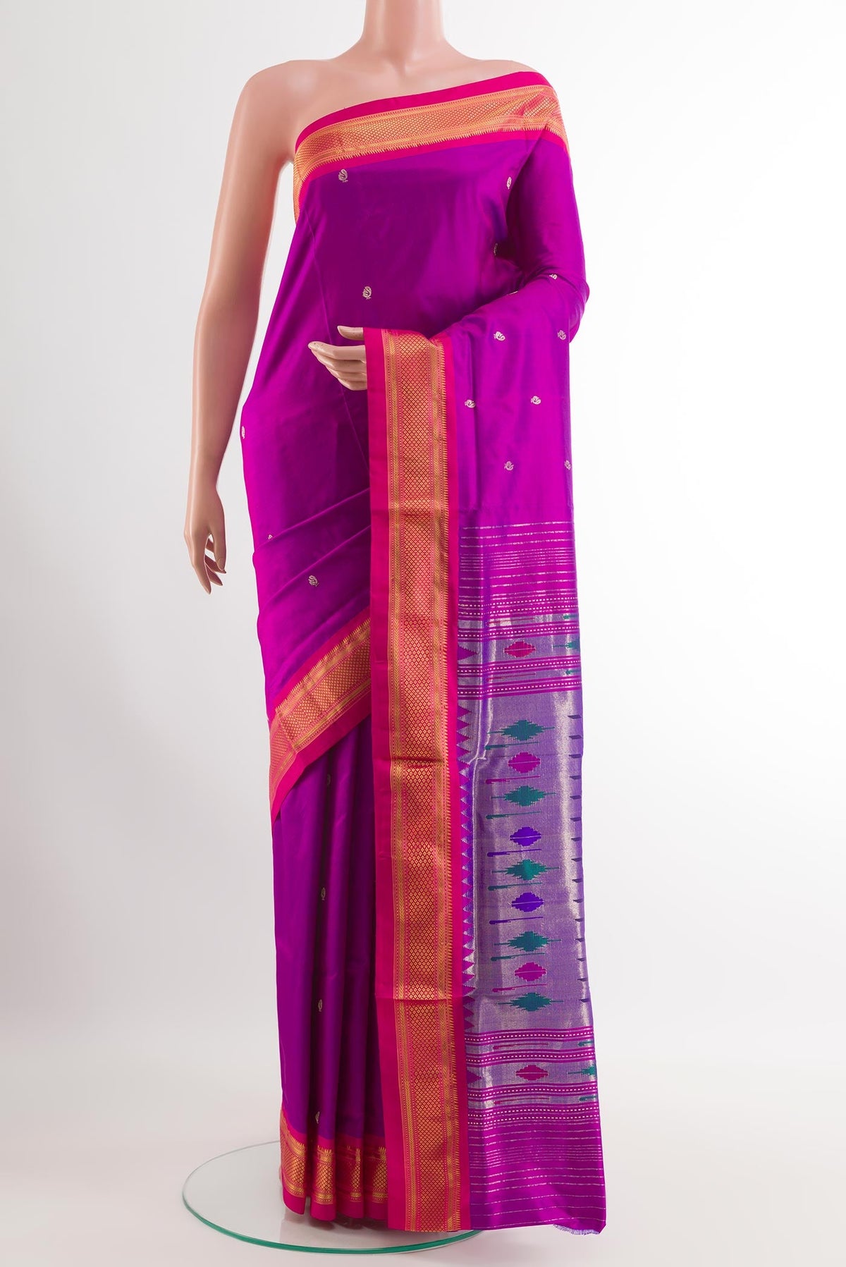 Purple Paithani Silk Saree with Zari Butta on the body and Zari Border.  displayed on a mannequin