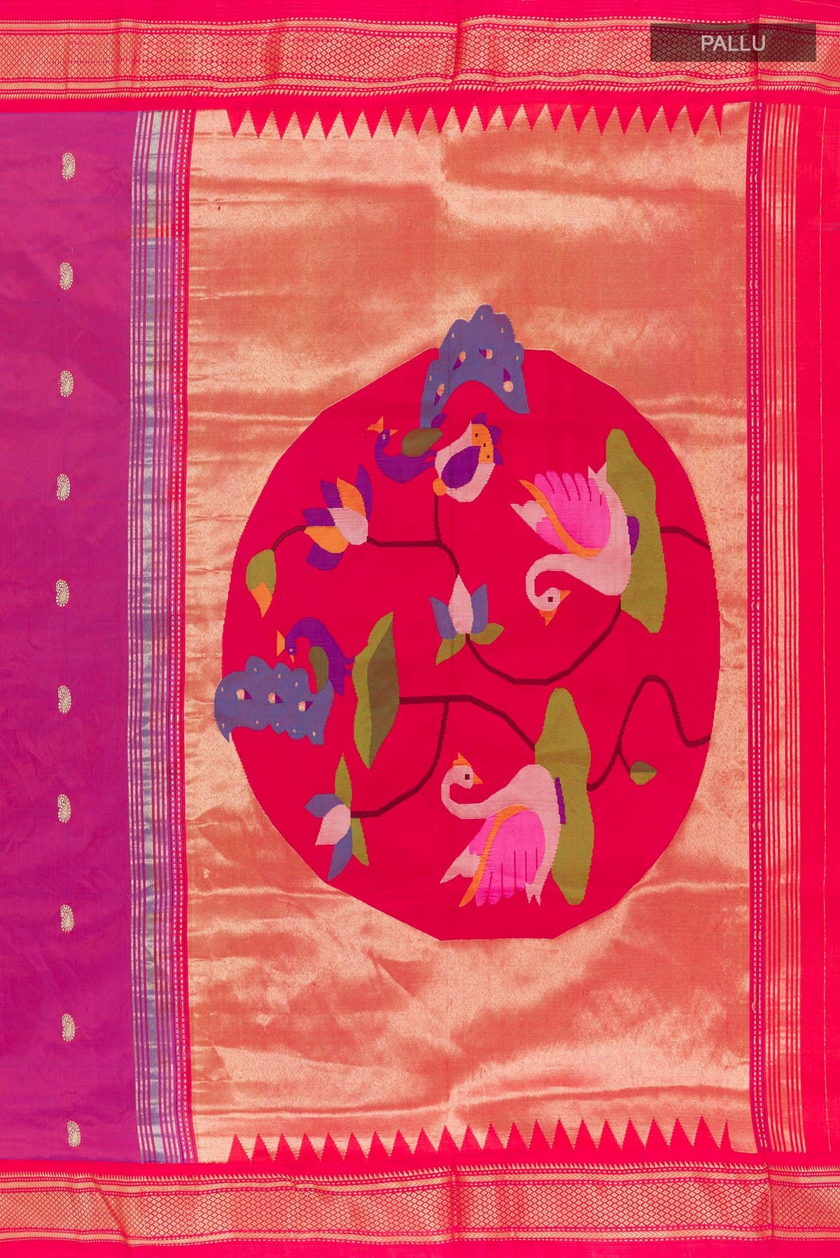 Close up image of the pallu of Purple Paithani Silk Saree with Zari Butta on the body and Zari Border. 