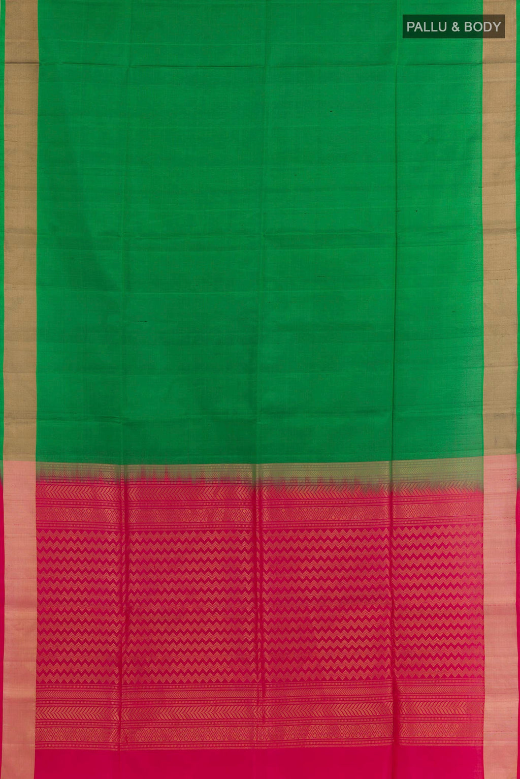 Flat view of Green Soft Silk Saree with Plain Body and Zari Border. 
