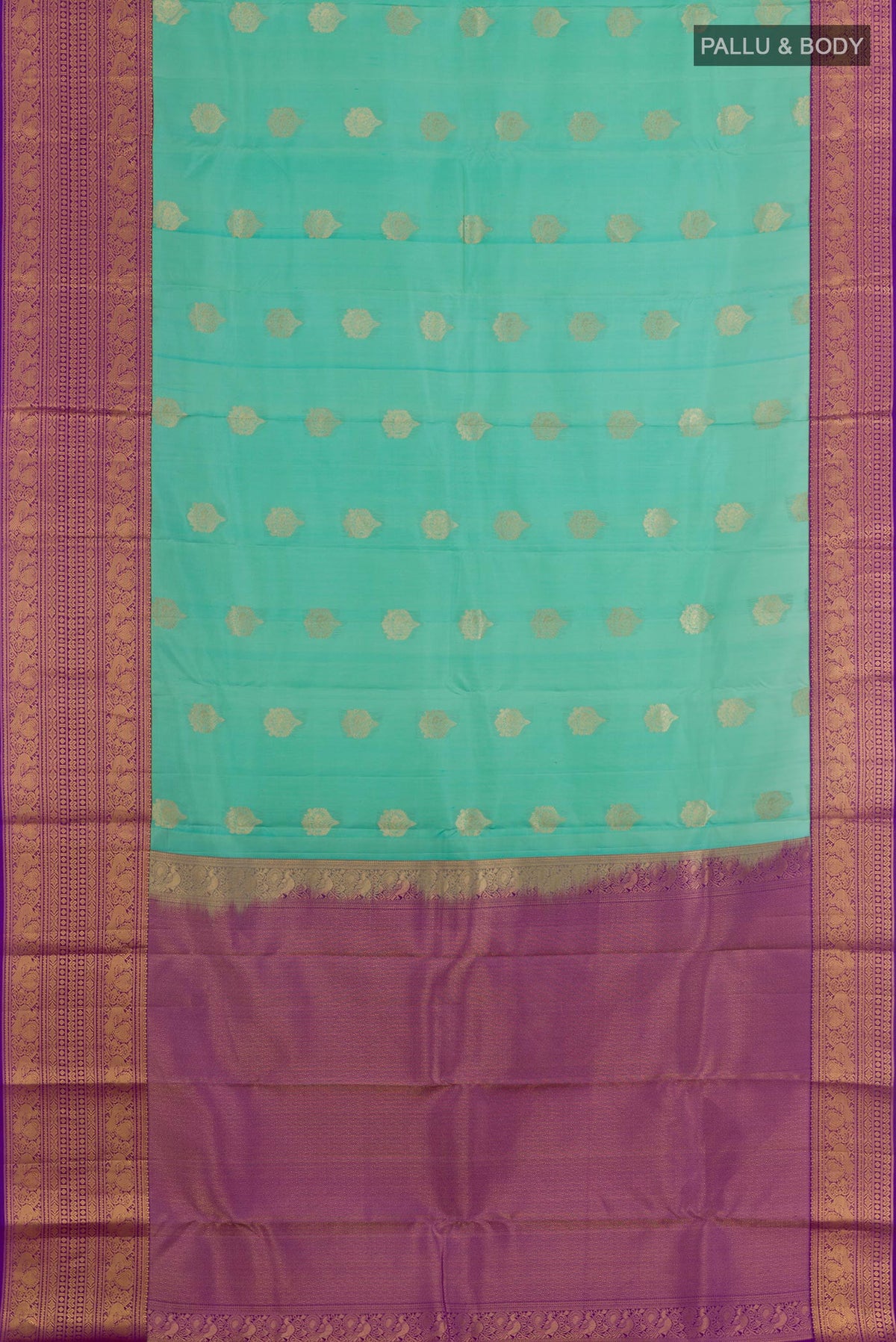 Flat view of Sea Green Kanchipuram Silk Saree with Zari Butta on the body and Paithani Border. 