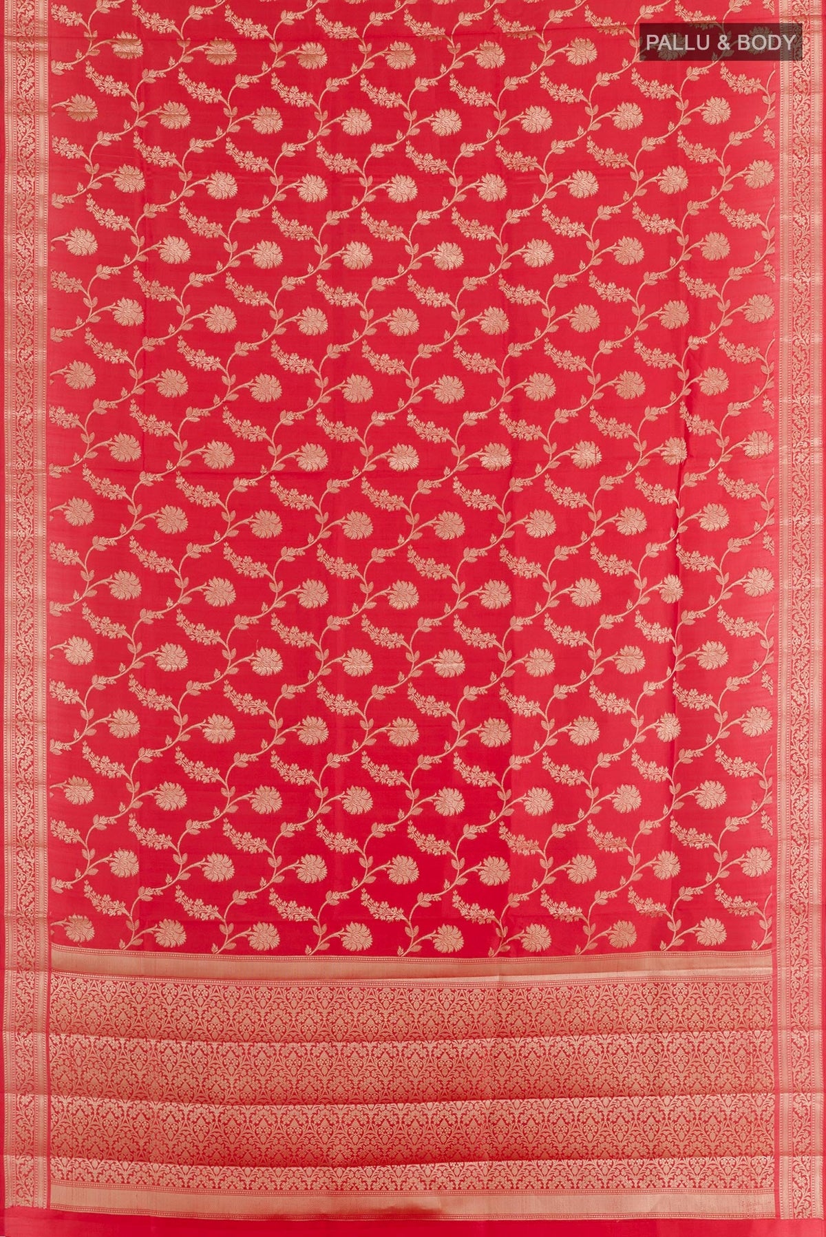 Flat view of Red Tussar Silk Saree with Zari Brocade on the body and Zari Border. 