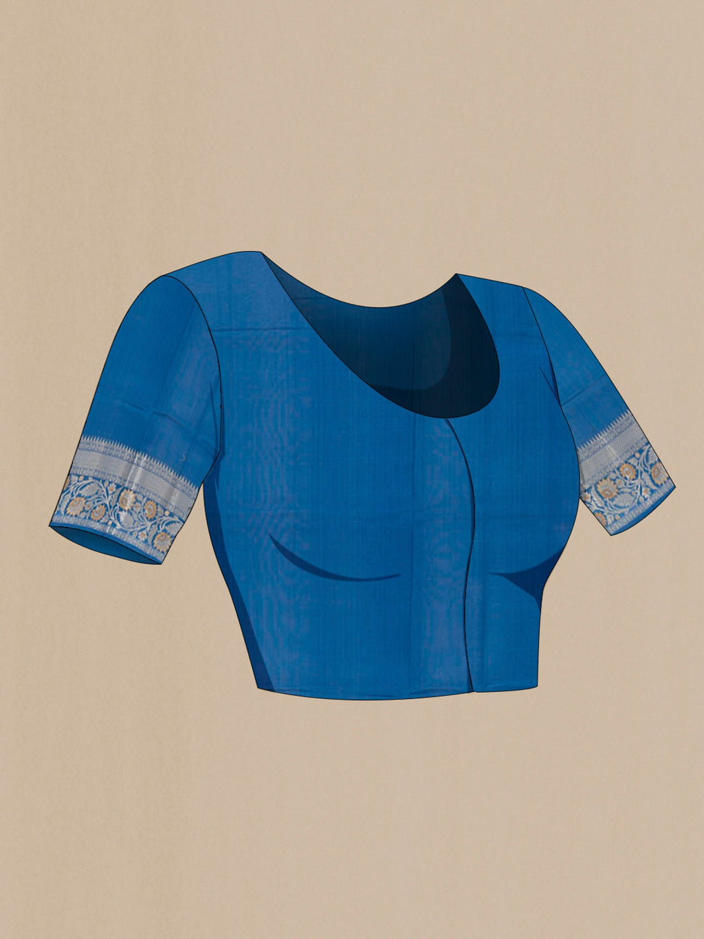 Close up image of the blouse of Blue Tussar Silk Saree with Zari Butta on the body and Zari Border. 