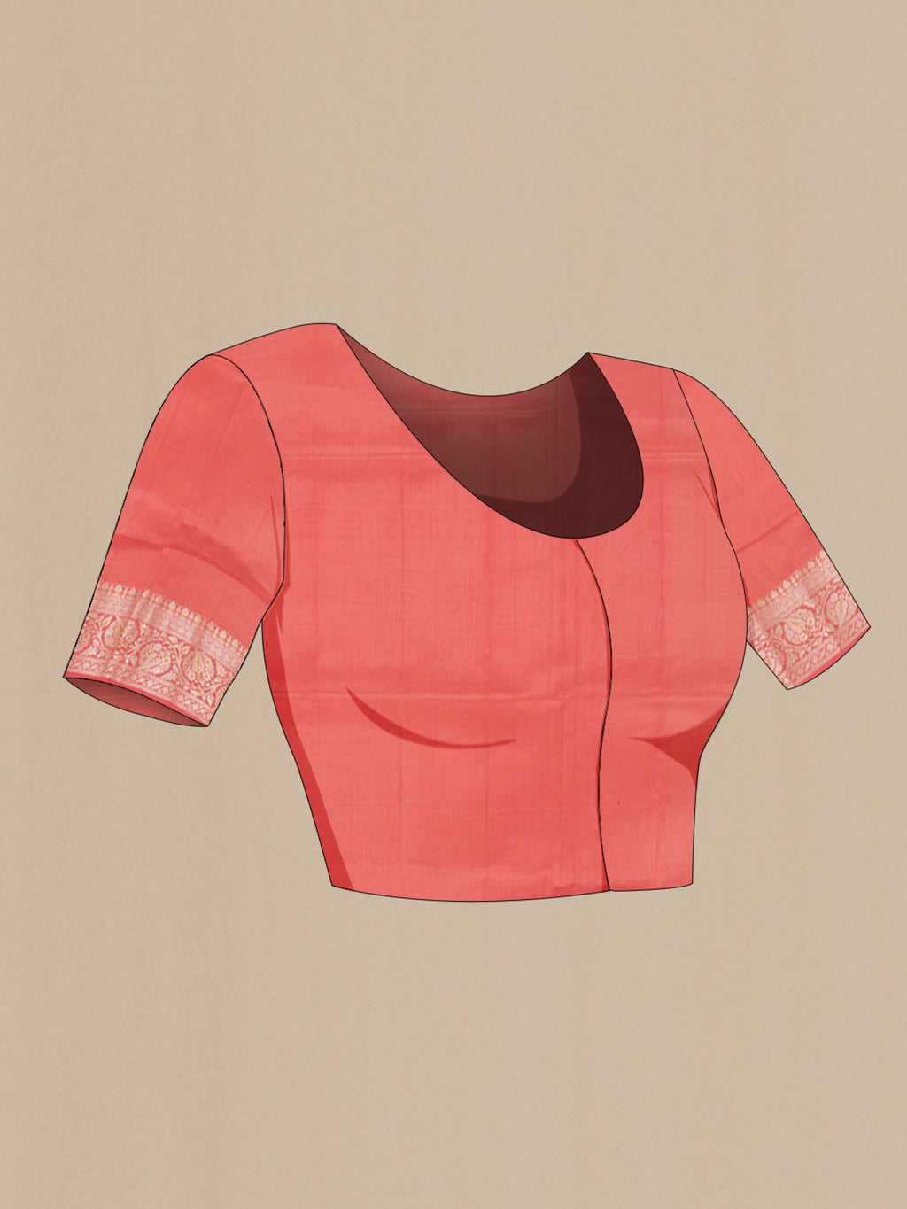 Close up image of the blouse of Peach Tussar Silk Saree with Zari Butta on the body and Zari Border. 