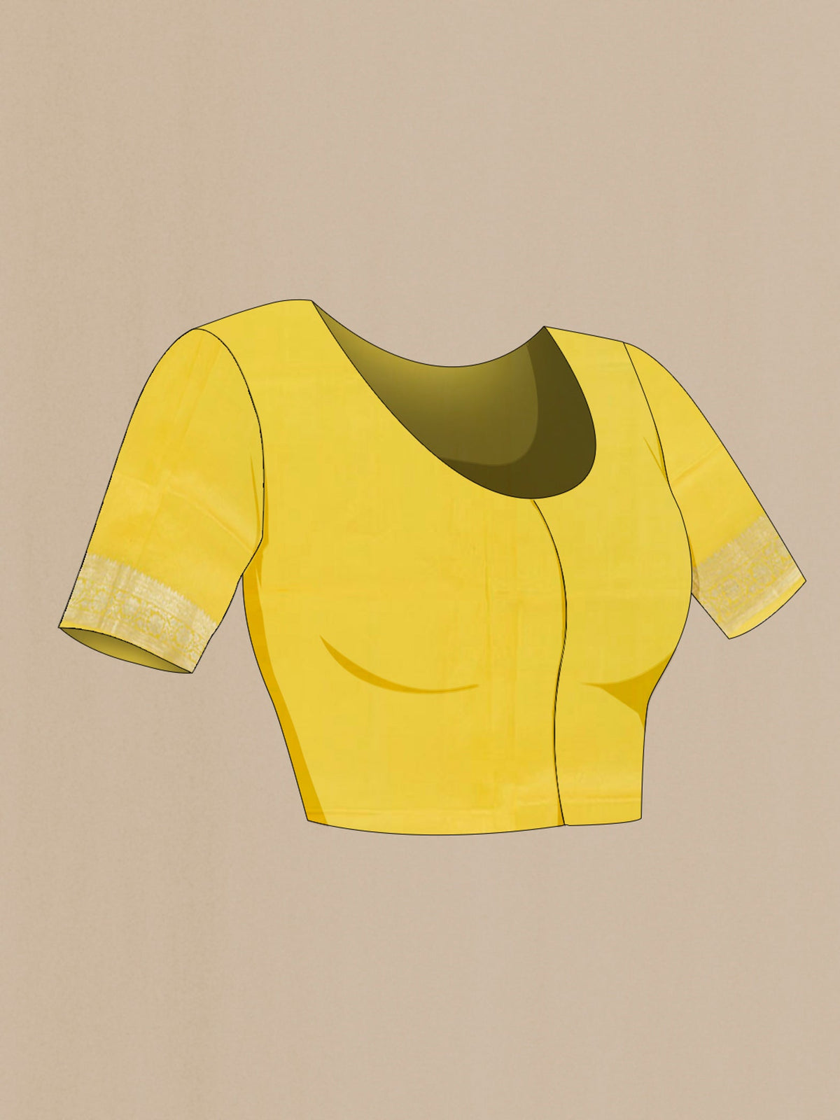 Close up image of the blouse of Yellow Tussar Silk Saree with Zari Butta on the body and Zari Border. 