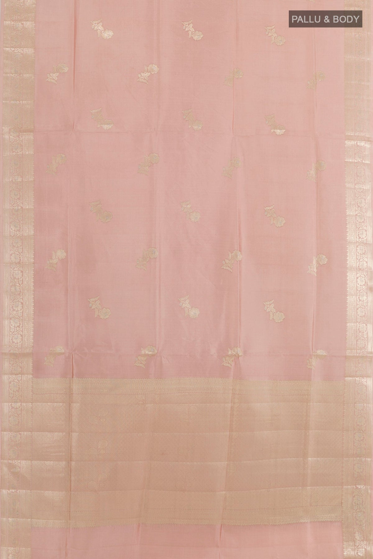 Flat view of Imperial Pink Tussar Silk Saree with Zari Butta on the body and Zari Border. 