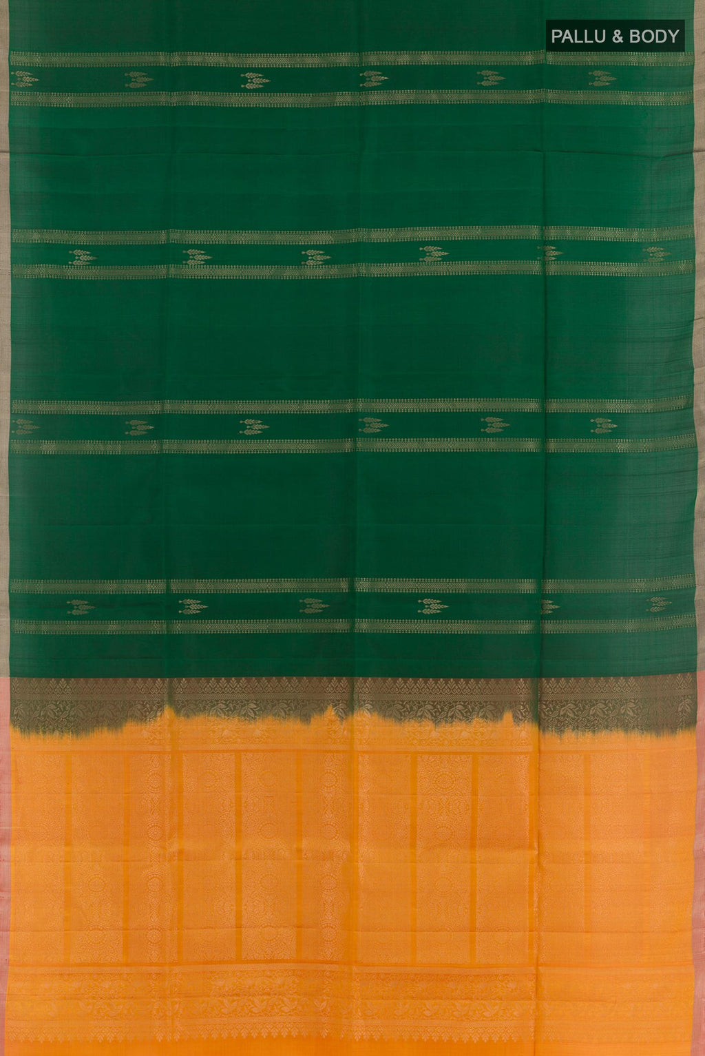 Flat view of Bottle Green Soft Silk Saree with Zari Butta on the body and Zari Border. 
