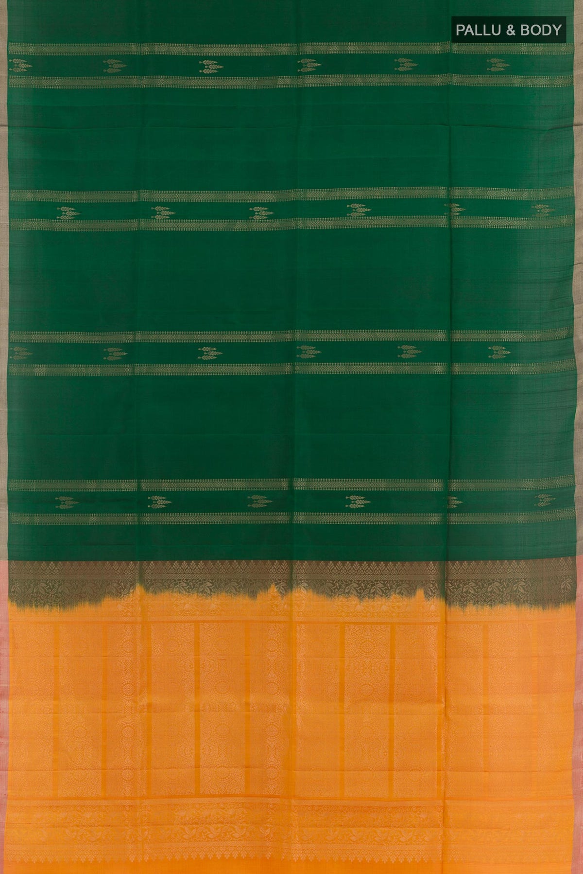 Flat view of Bottle Green Soft Silk Saree with Zari Butta on the body and Zari Border. 