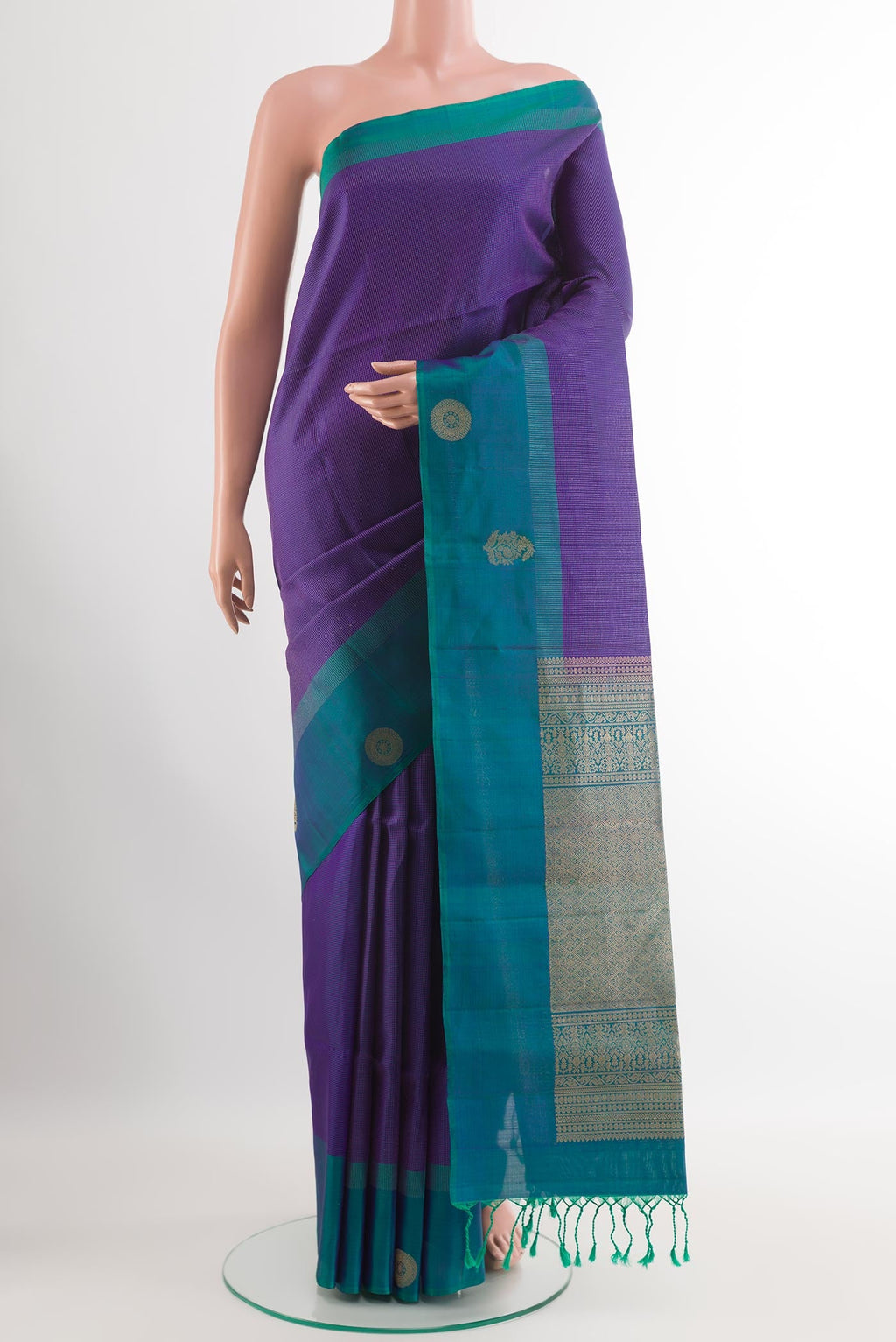 Dark Blue Soft Silk Saree with Checked design on the body and Zari Border.  displayed on a mannequin