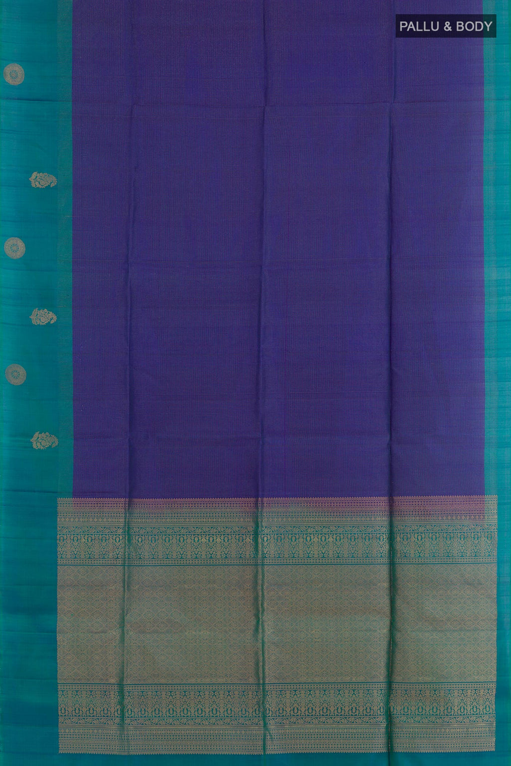 Flat view of Dark Blue Soft Silk Saree with Checked design on the body and Zari Border. 