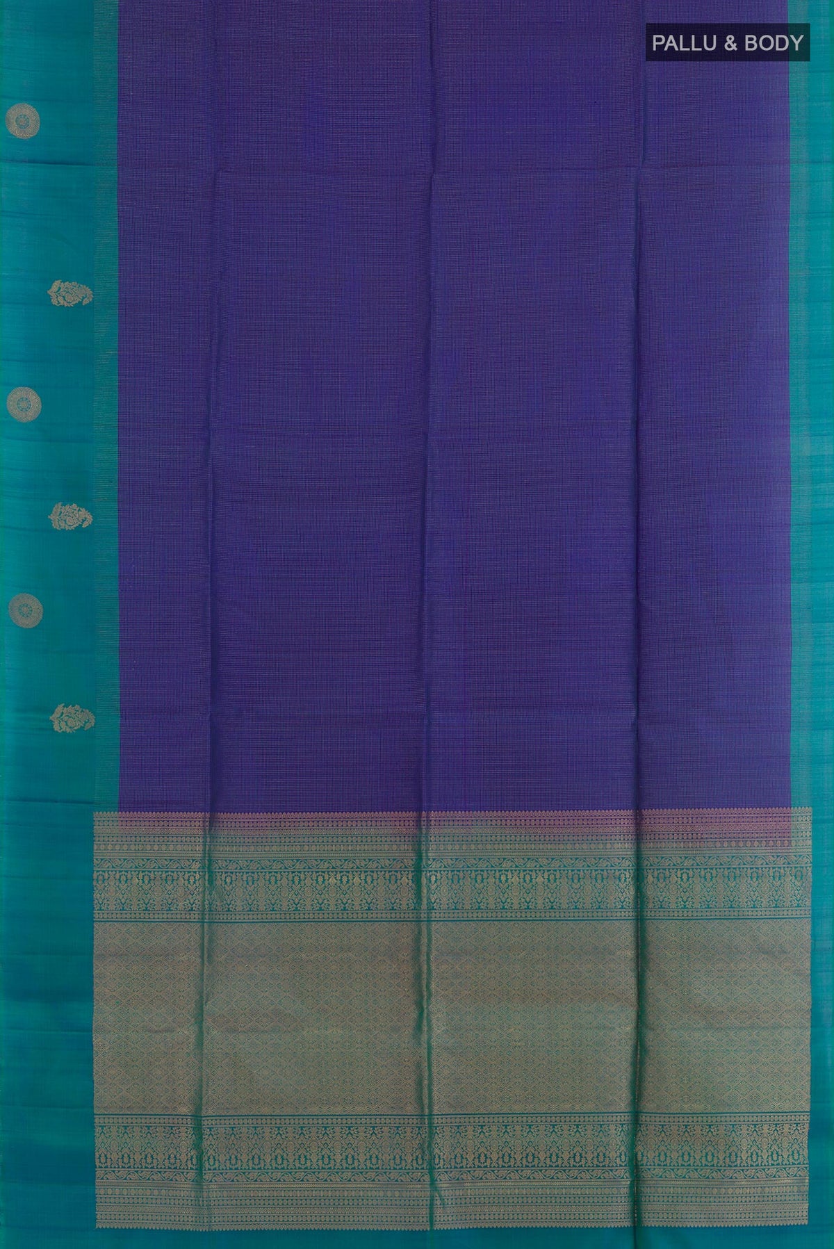 Flat view of Dark Blue Soft Silk Saree with Checked design on the body and Zari Border. 