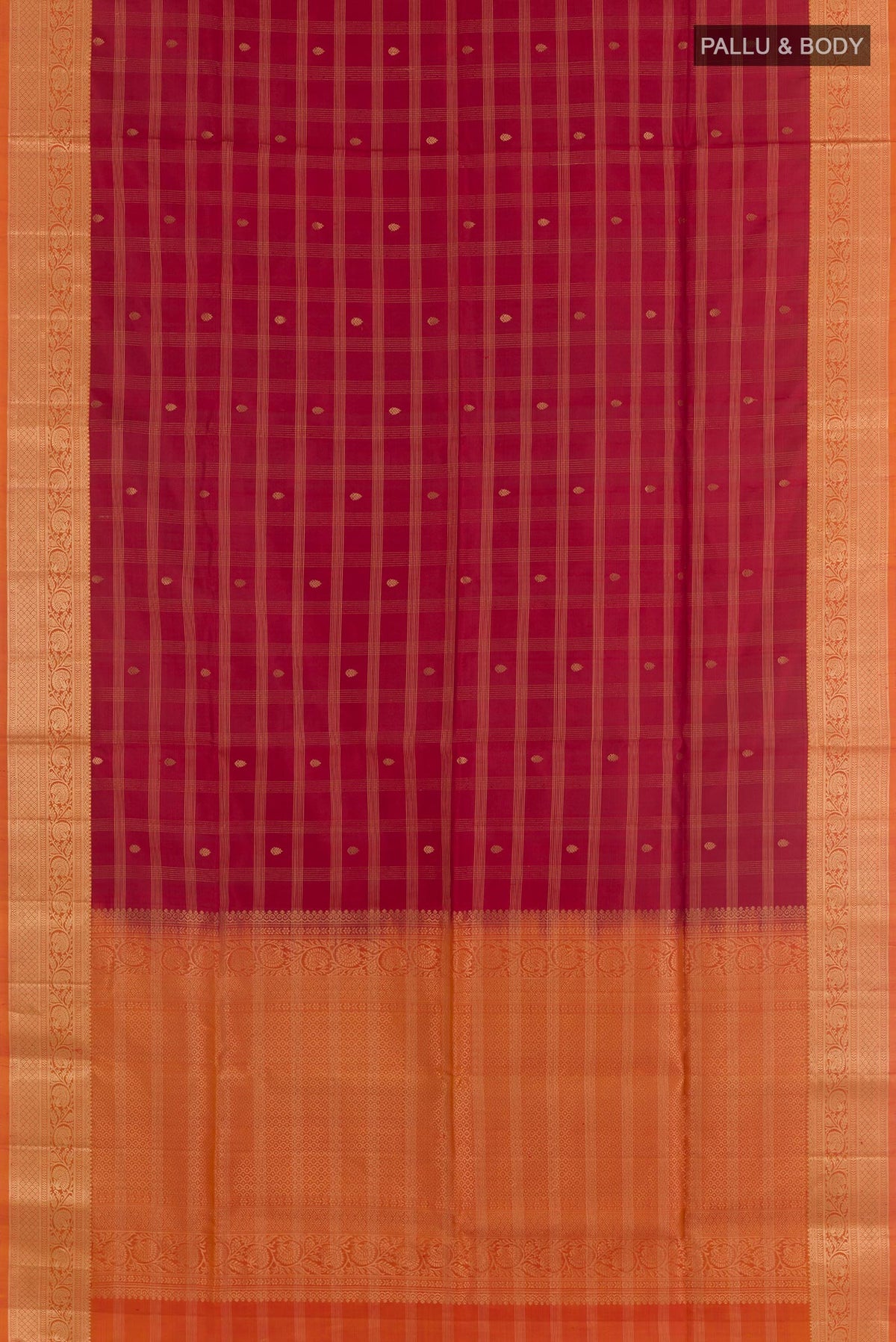 Flat view of Maroon Soft Silk Saree with Checked design on the body and Zari Border. 