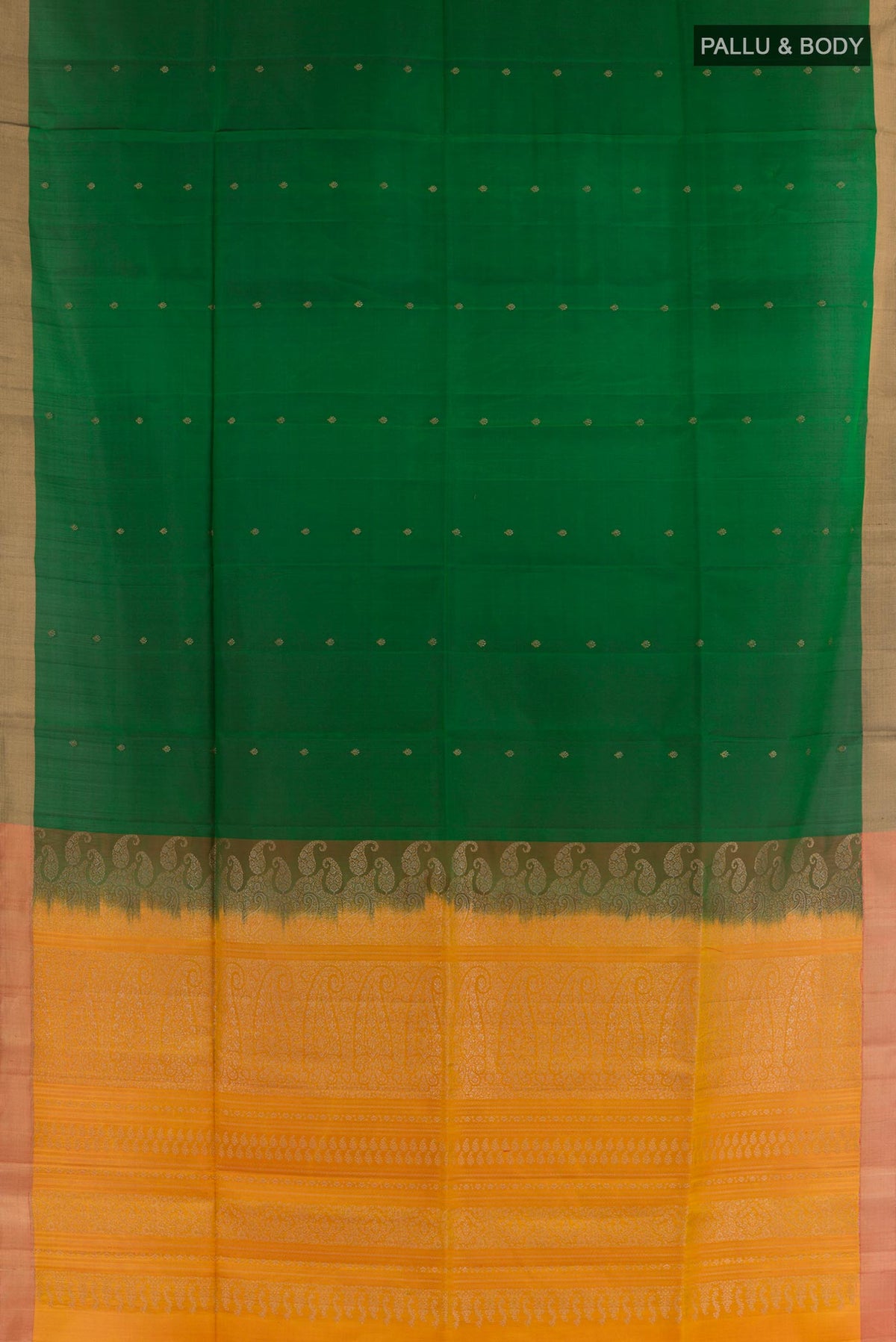 Flat view of Green Soft Silk Saree with Zari Butta on the body and Zari Border. 