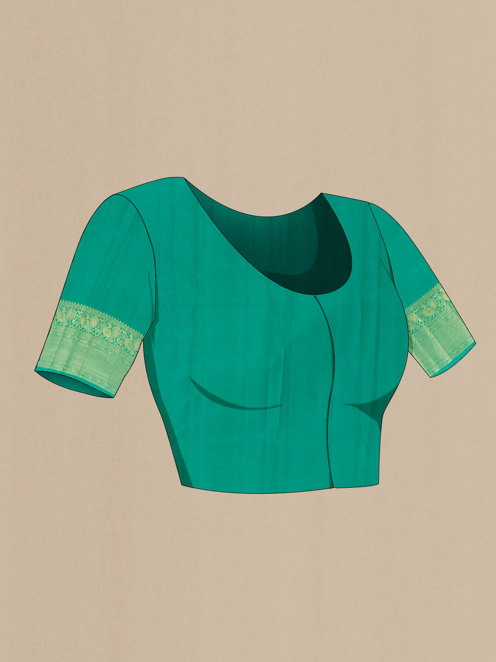 Close up image of the blouse of Green Kanchipuram Silk Saree with Zari Brocade on the body and Zari Border. 