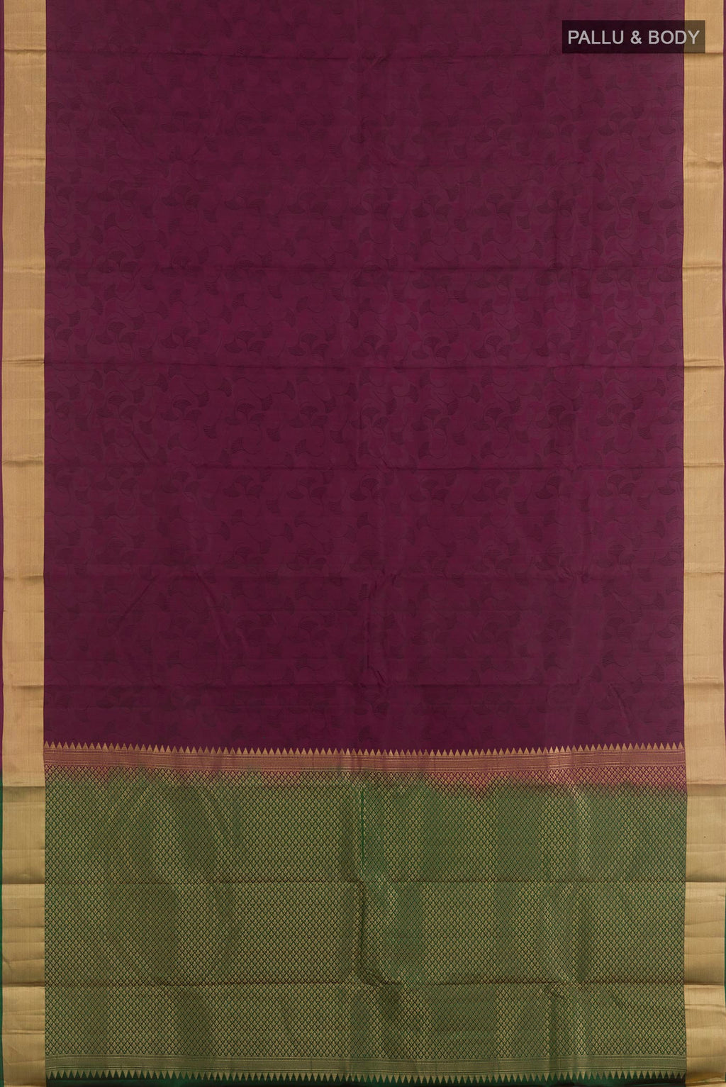 Flat view of Purple Kanchipuram Silk Saree with Jacquard design on the body and Zari Border. 