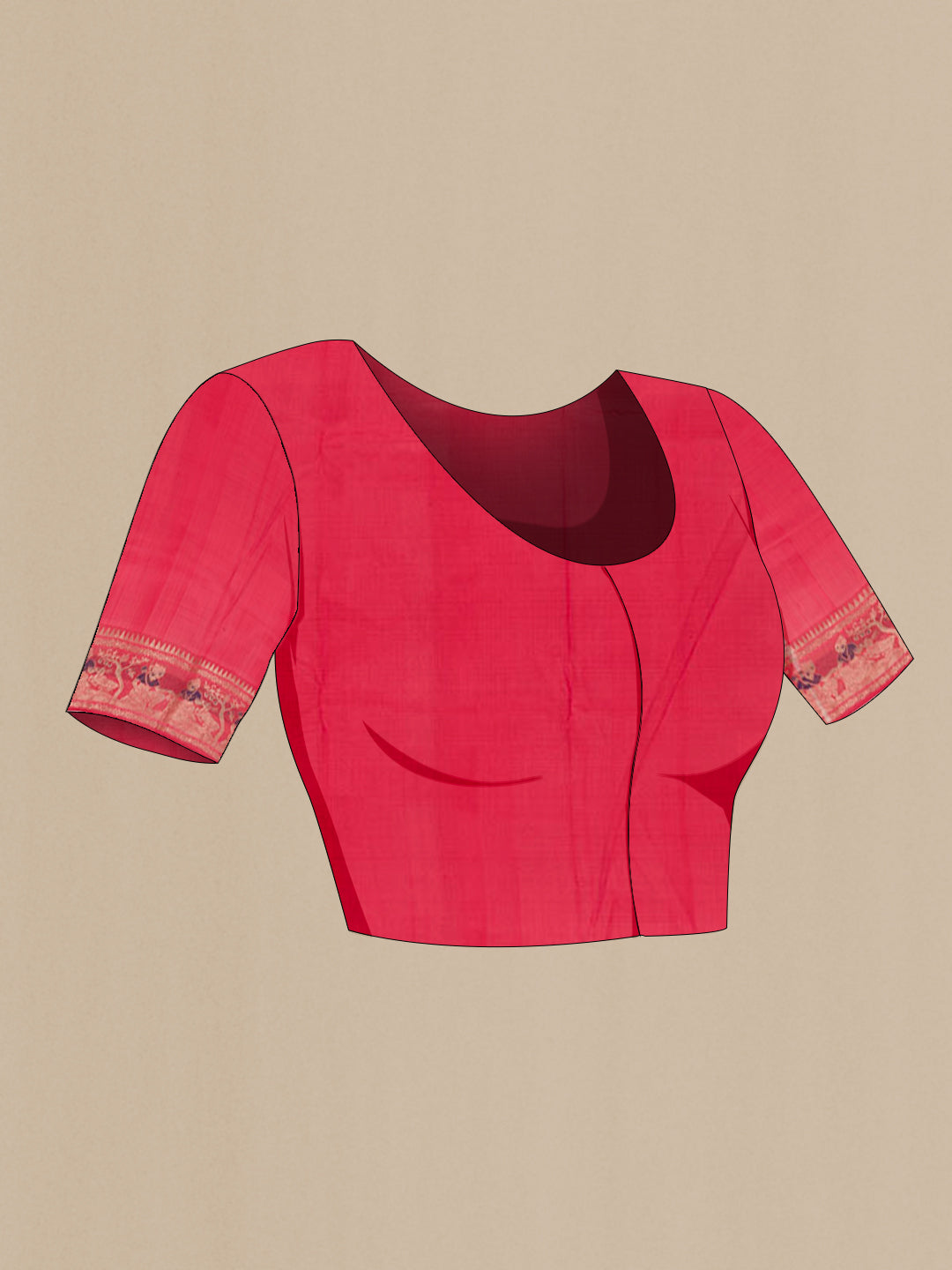 Close up image of the blouse of Coral Baluchari Silk Saree with Zari And Thread Butta on the body and Zari Border. 