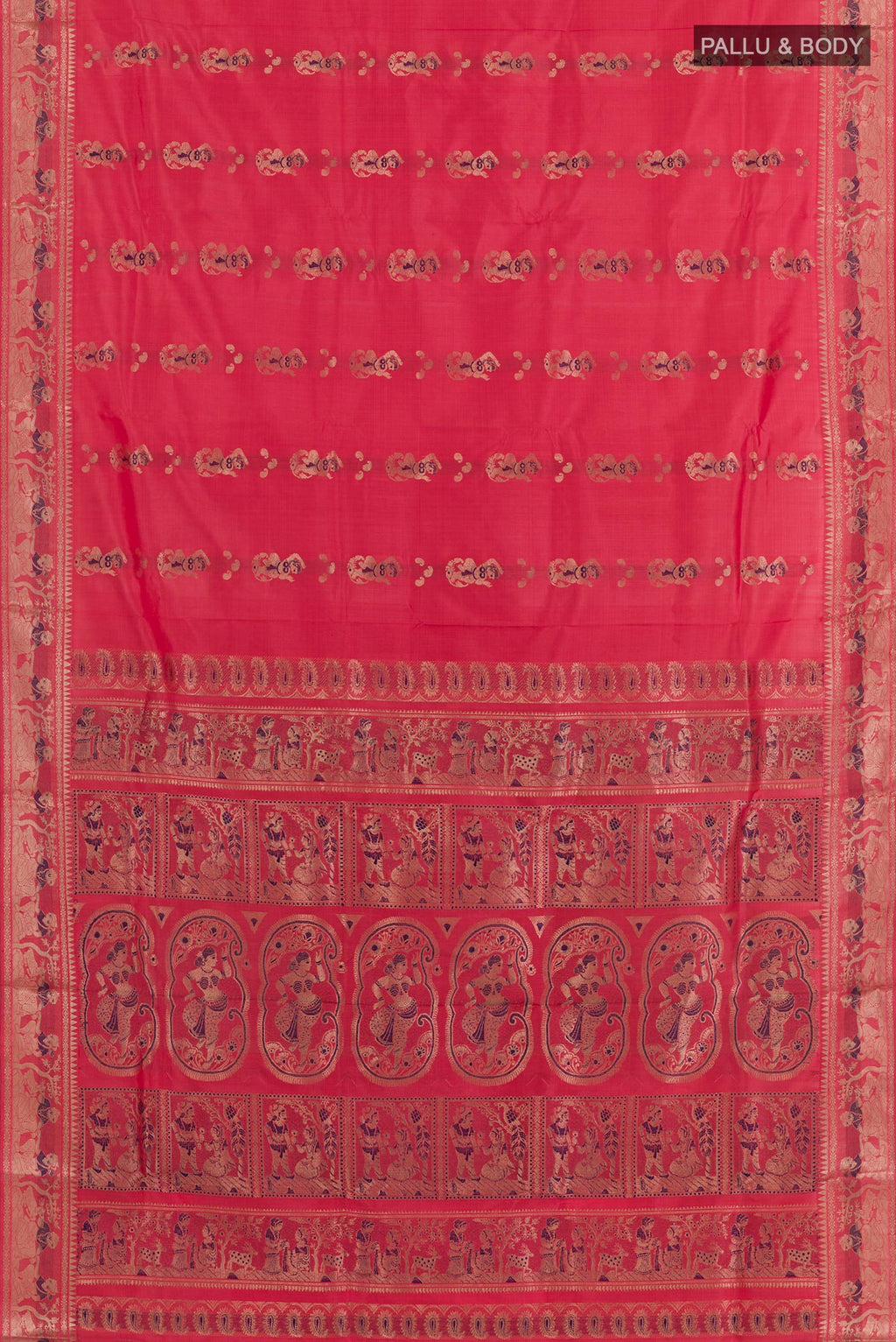 Flat view of Coral Baluchari Silk Saree with Zari And Thread Butta on the body and Zari Border. 