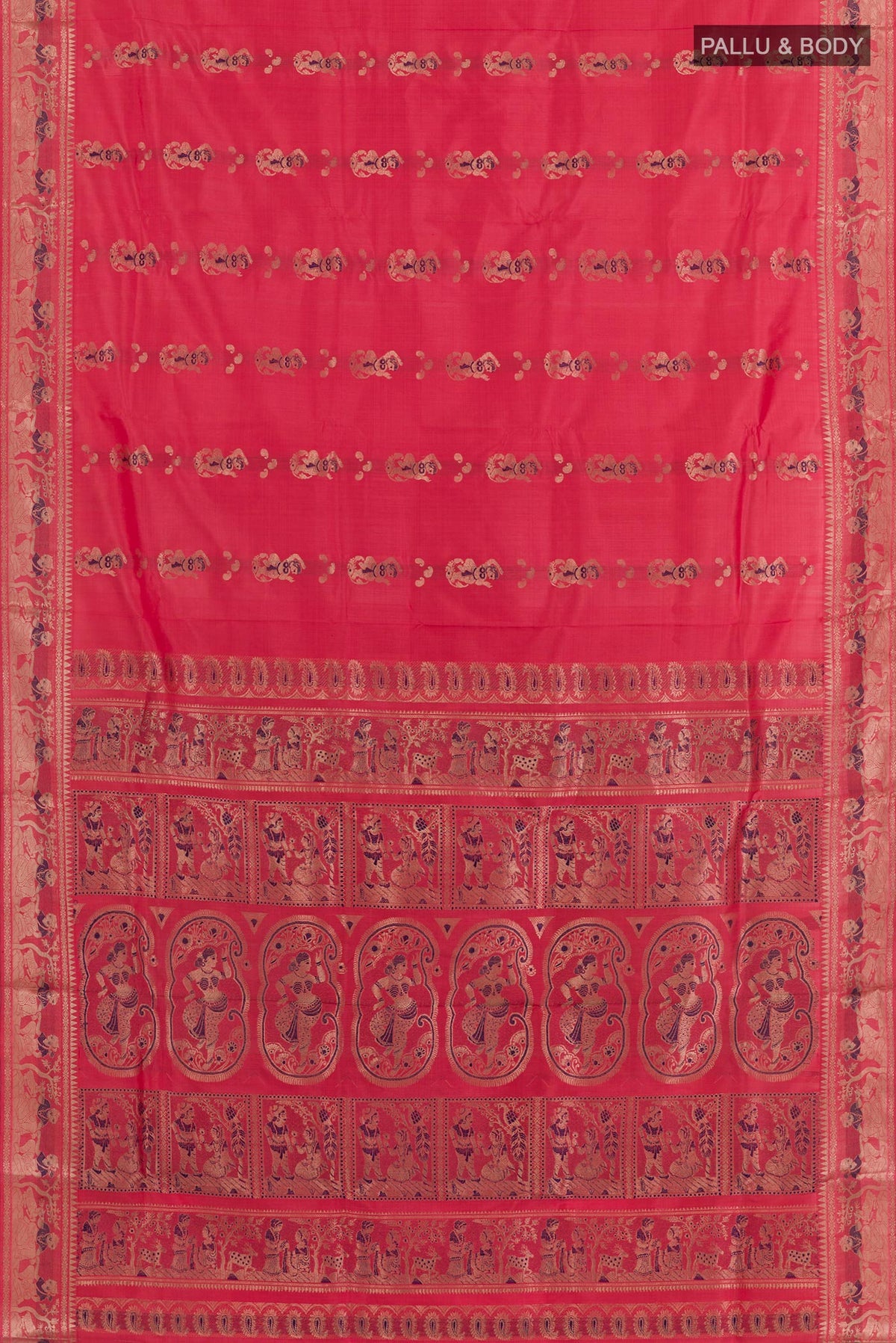 Flat view of Coral Baluchari Silk Saree with Zari And Thread Butta on the body and Zari Border. 