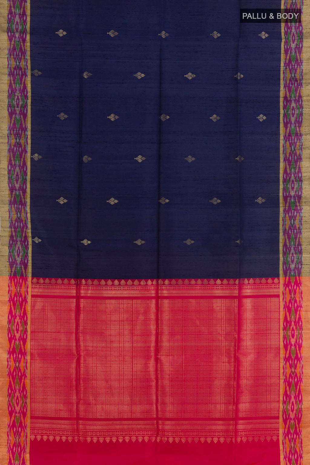 Flat view of Blue Raw Silk Saree with Zari Butta on the body and Zari Border. 