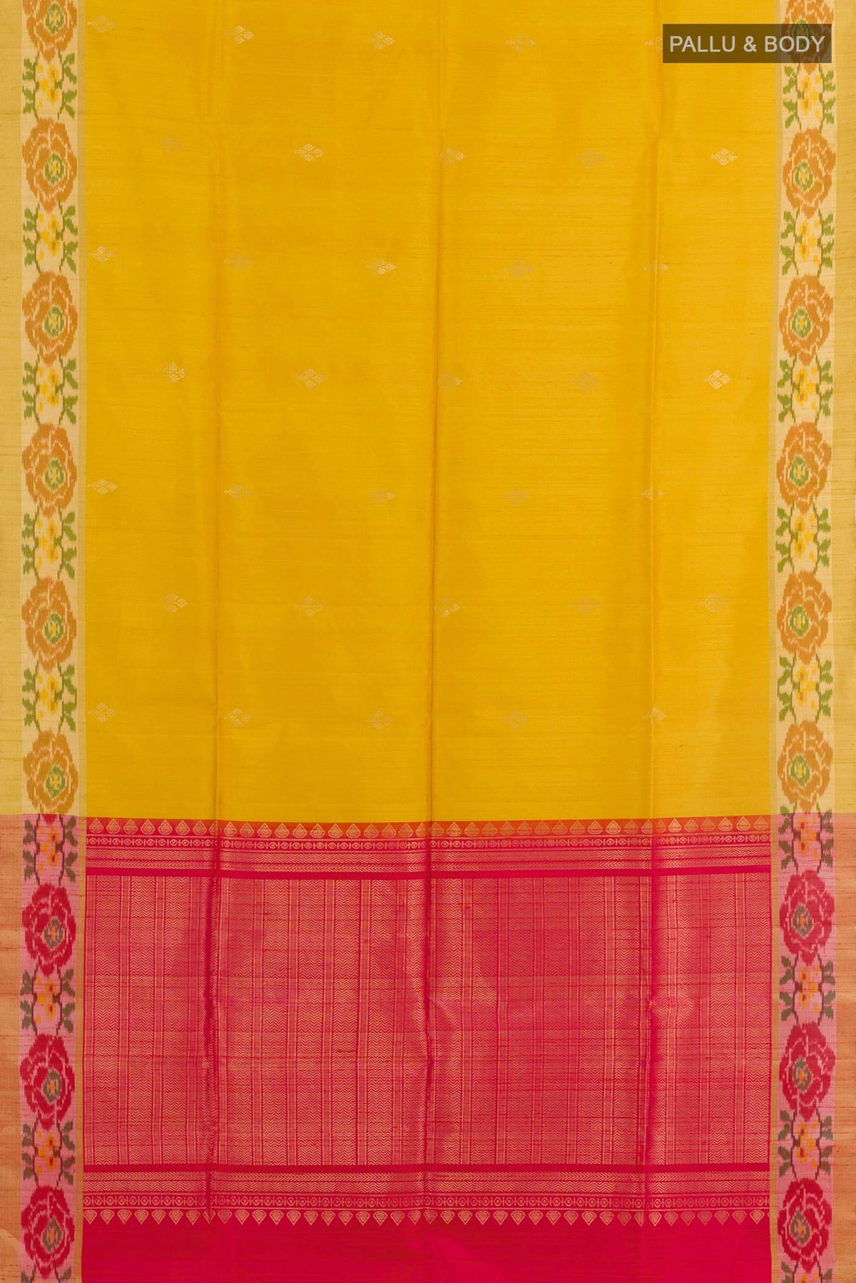 Flat view of Yellow Raw Silk Saree with Zari Butta on the body and Zari Border. 