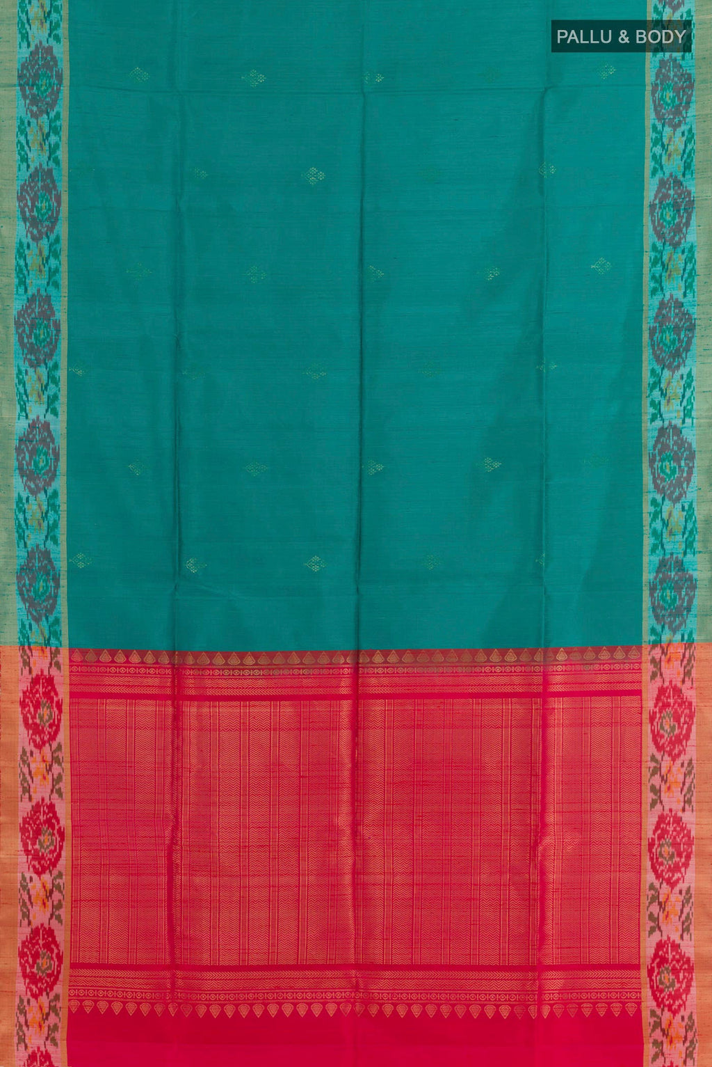 Flat view of Blue Raw Silk Saree with Zari Butta on the body and Zari Border. 