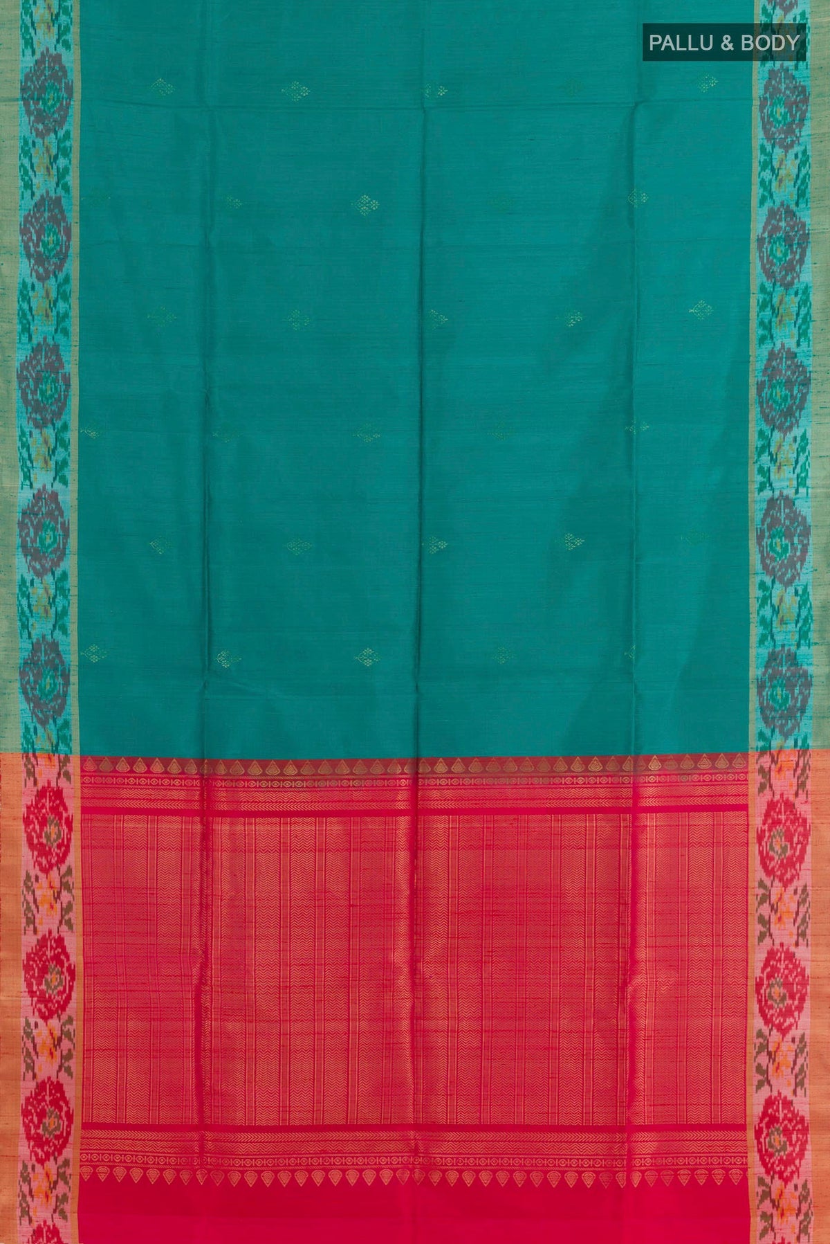 Flat view of Blue Raw Silk Saree with Zari Butta on the body and Zari Border. 