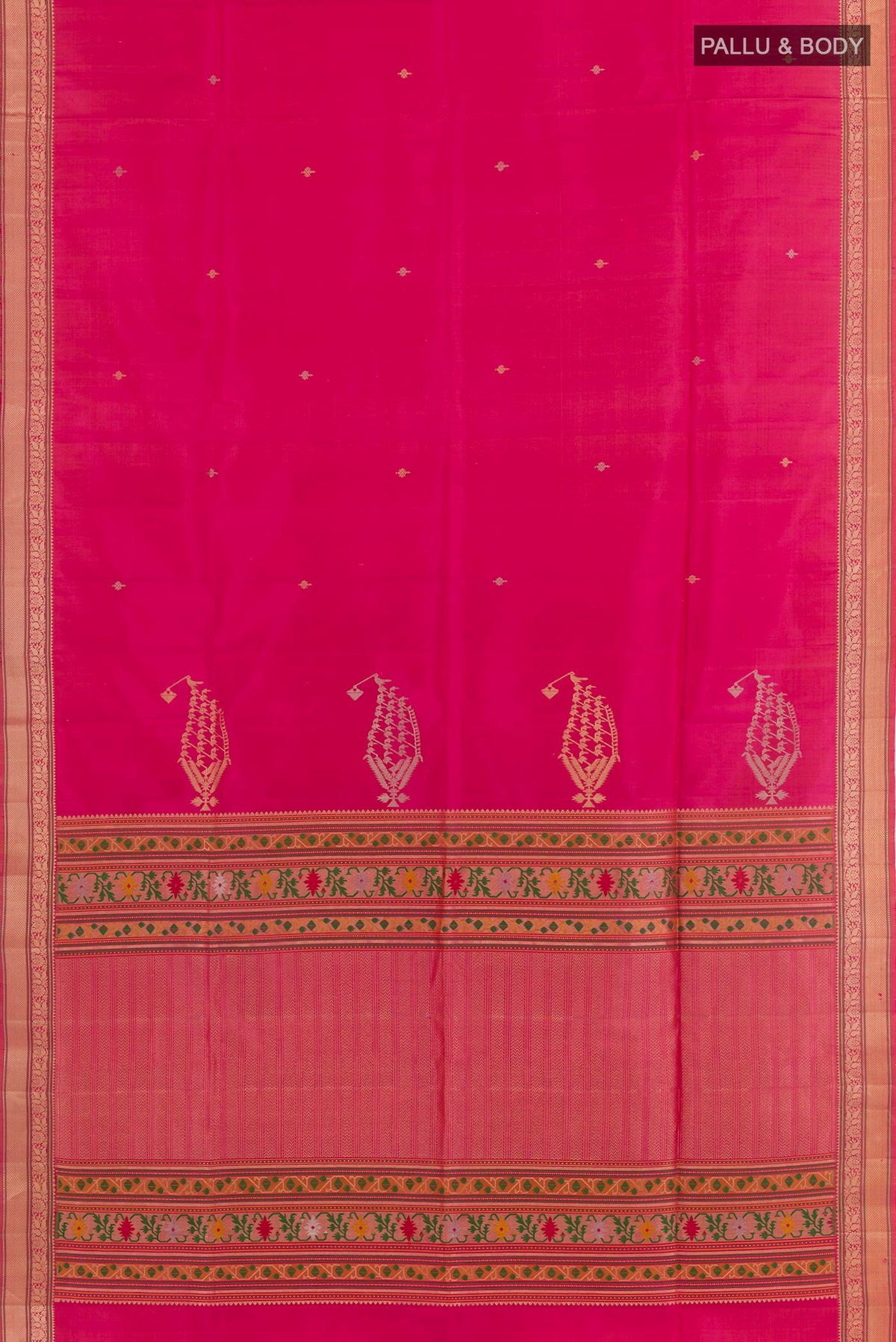 Flat view of Pink Soft Silk Saree with Zari Butta on the body and Zari Border. 