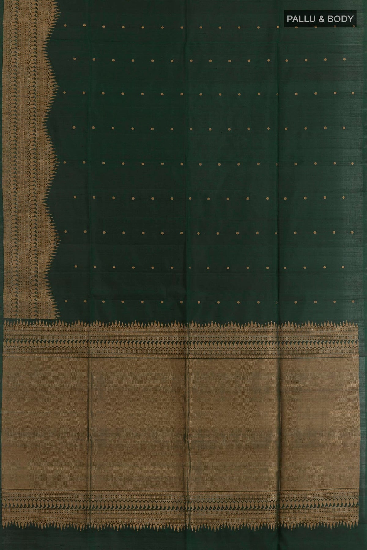 Flat view of Black Soft Silk Saree with Zari Butta on the body and Zari Border. 