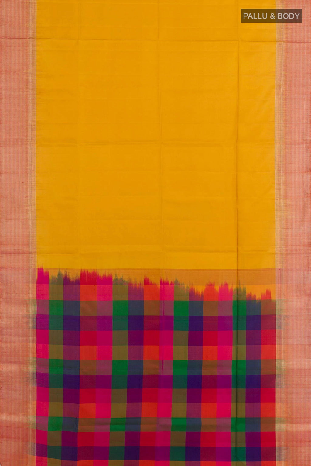 Flat view of Yellow Soft Silk Saree with Plain Body and Zari Border. 