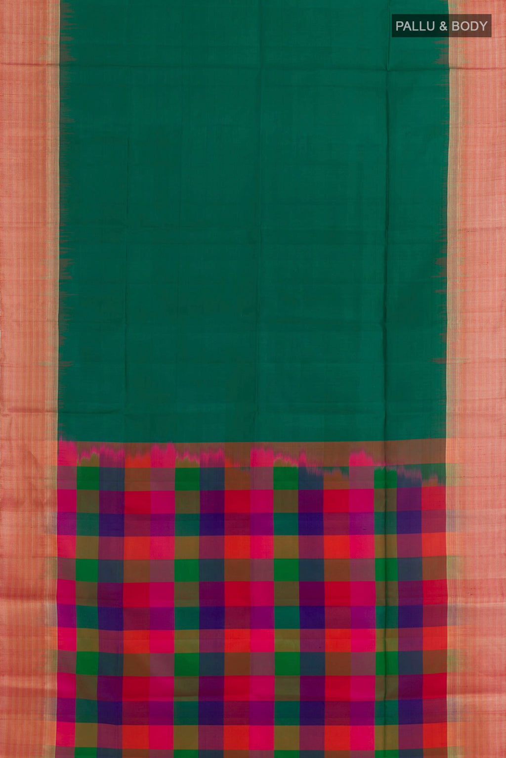Flat view of Green Soft Silk Saree with Plain Body and Zari Border. 