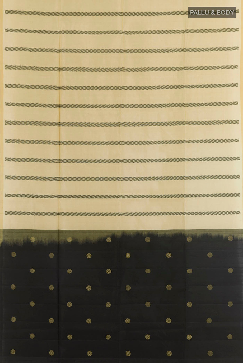 Flat view of Cream Soft Silk Saree with Stripes on the body and Zari Border. 