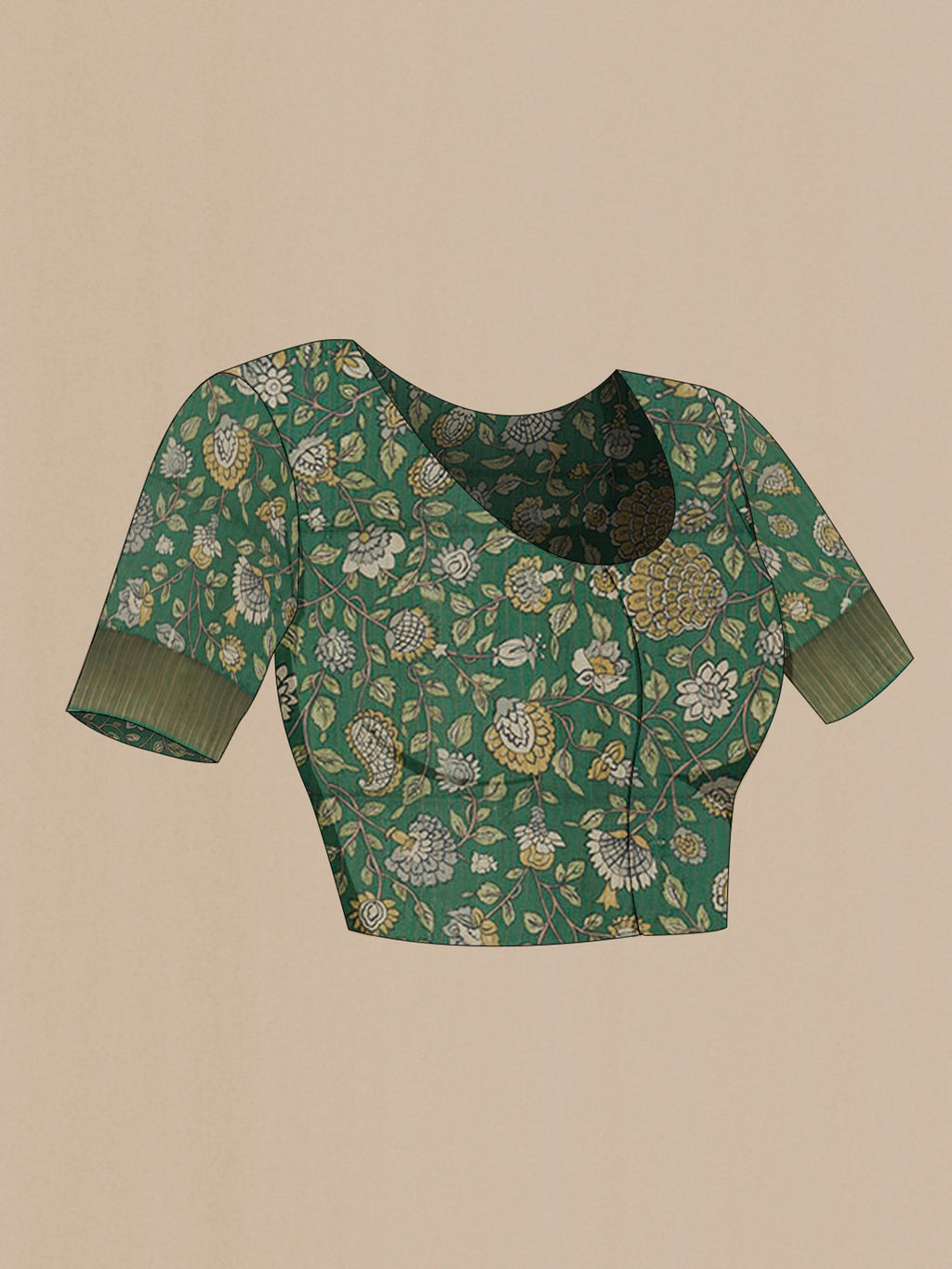 Close up image of the blouse of Green Tussar Saree with Printed design on the body and Zari Border. 